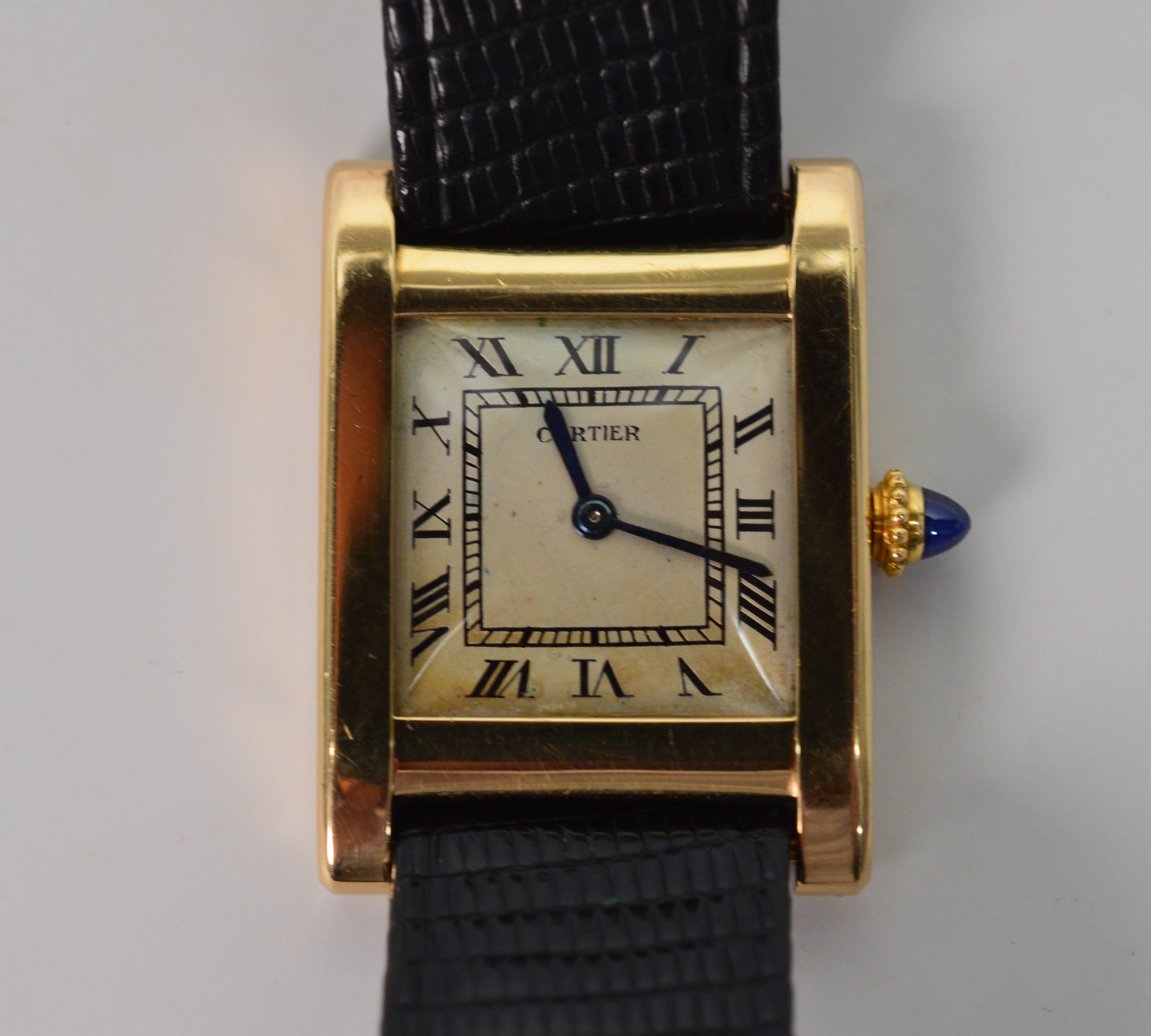 Rare and important pre-1920 Cartier Watch. Gold tank case marked 9K and .375 Gold with Cartier number 7284 and case makers mark JC and production number 486168. European Watch and Clock Co. with high grade 18 Jeweled movement number 486168.