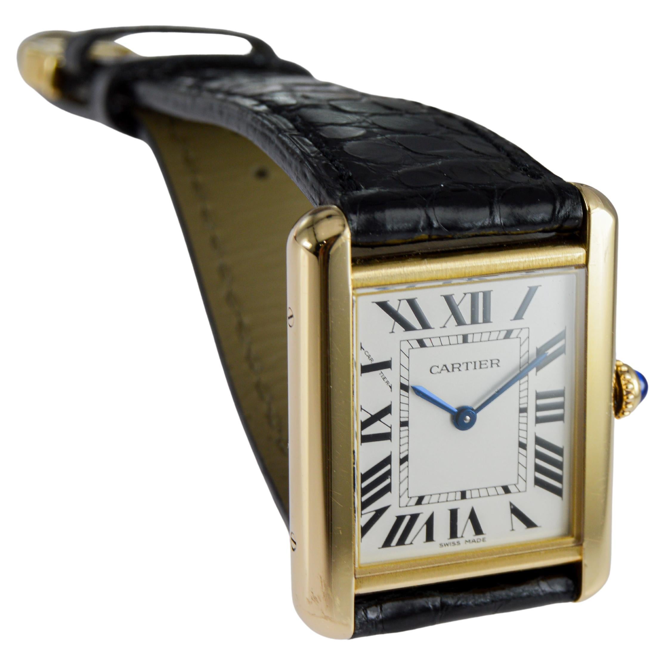 Women's or Men's Cartier Gold Top Art Deco Tank Watch Original Box and Booklet For Sale