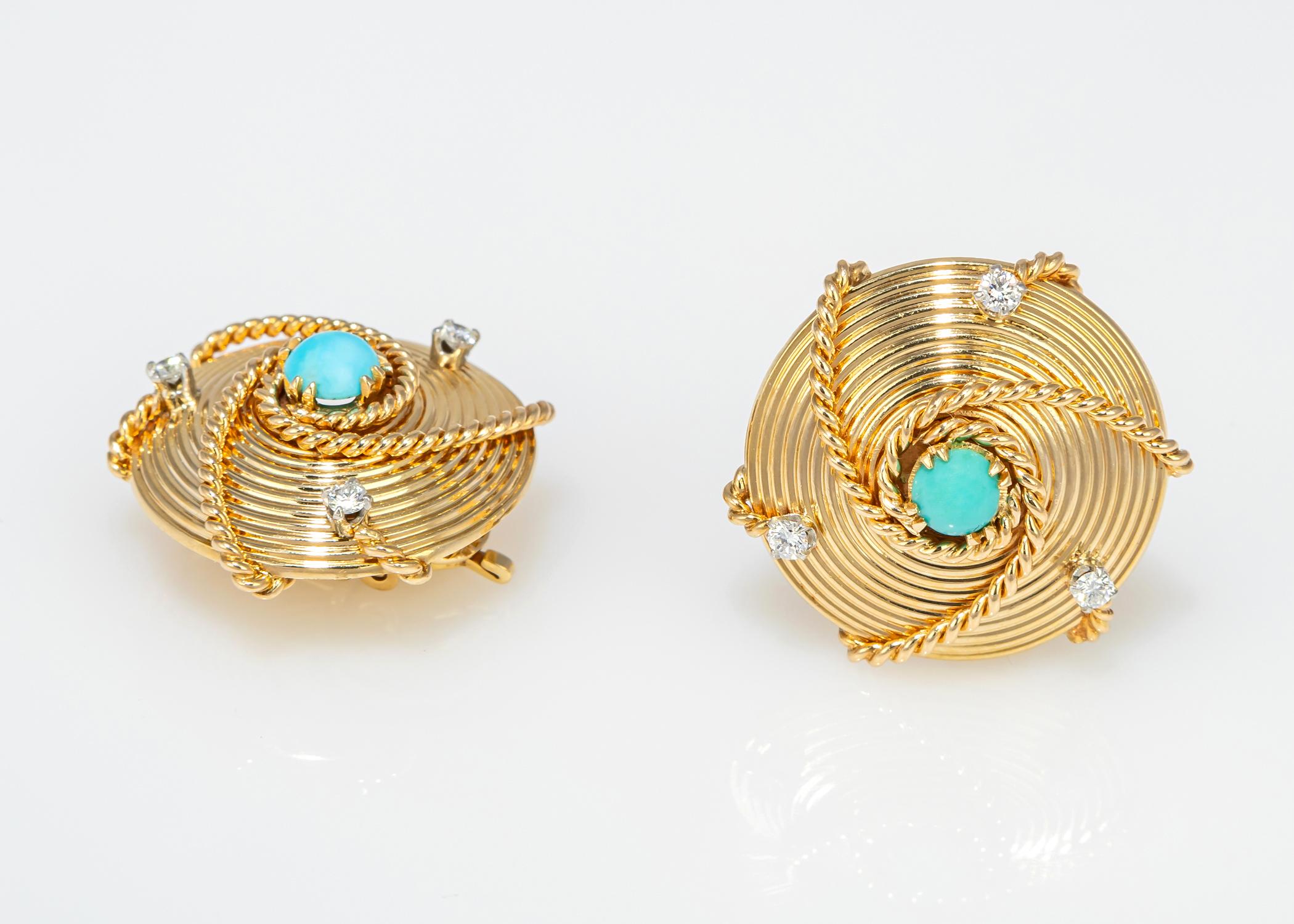 Pendientes Cartier Oro Turquesa y Diamantes en Excelente estado para la venta en Atlanta, GA