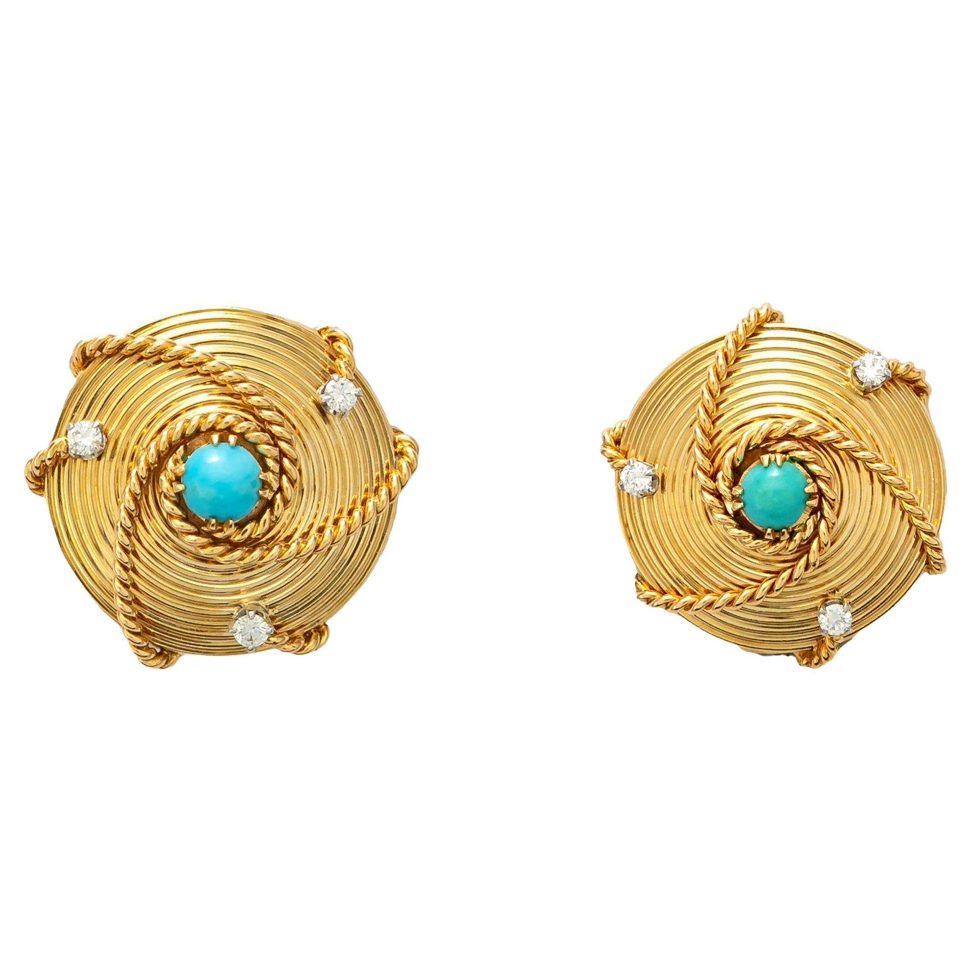 Cartier Gold Turquoise and Diamond Earrings For Sale