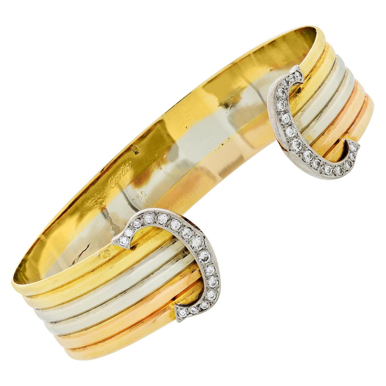 Cartier Gold Vintage Diamond C Cuff Bangle Bracelet