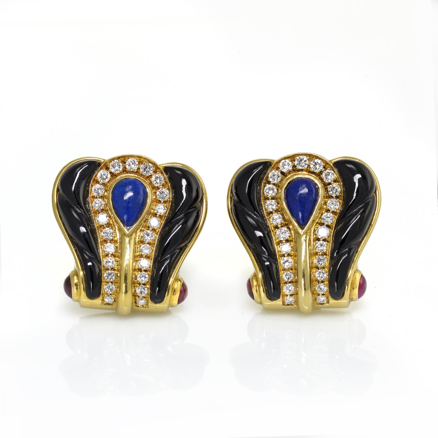 Cartier Gold Vintage Onyx Lapis Diamond for Pierced Ears Earrings In Good Condition In New York, NY