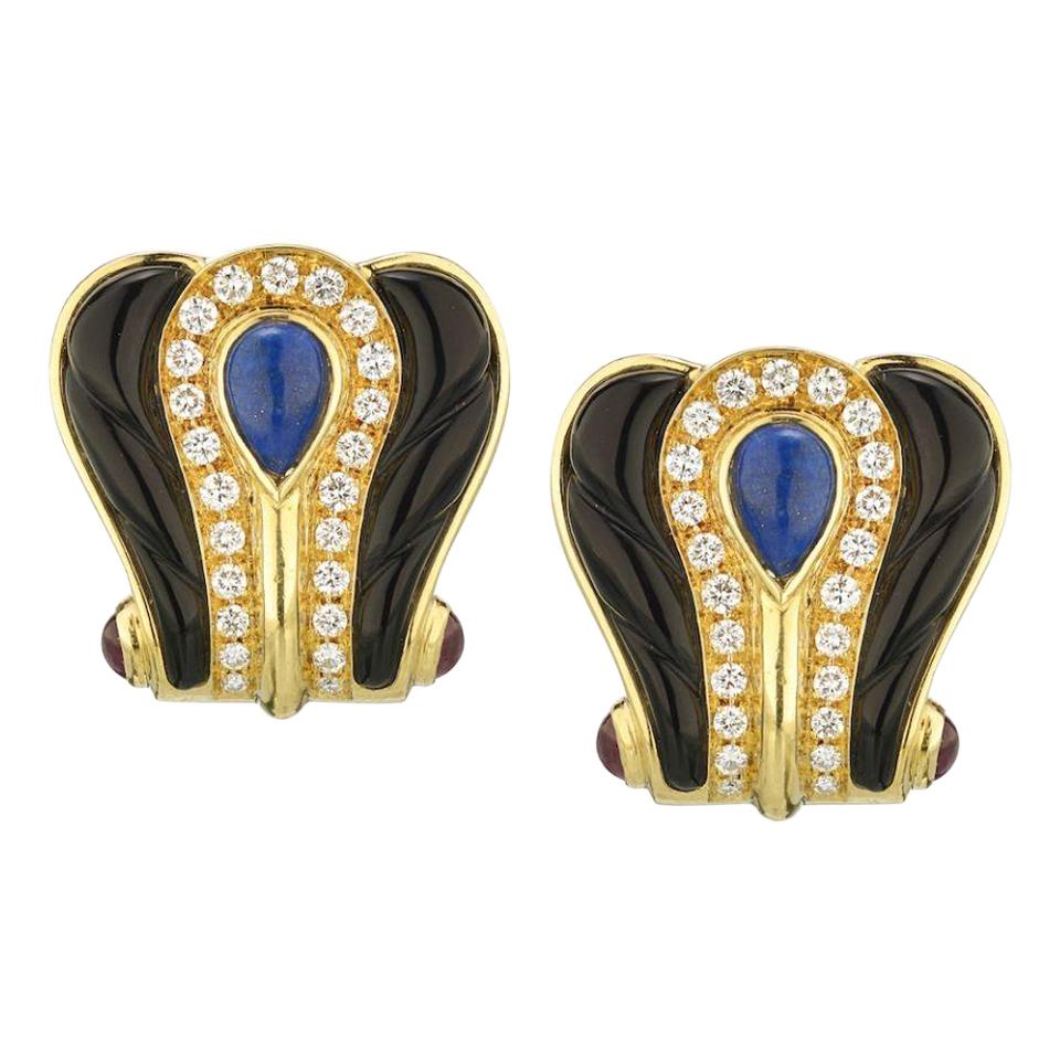 Cartier Gold Vintage Onyx Lapis Diamond for Pierced Ears Earrings