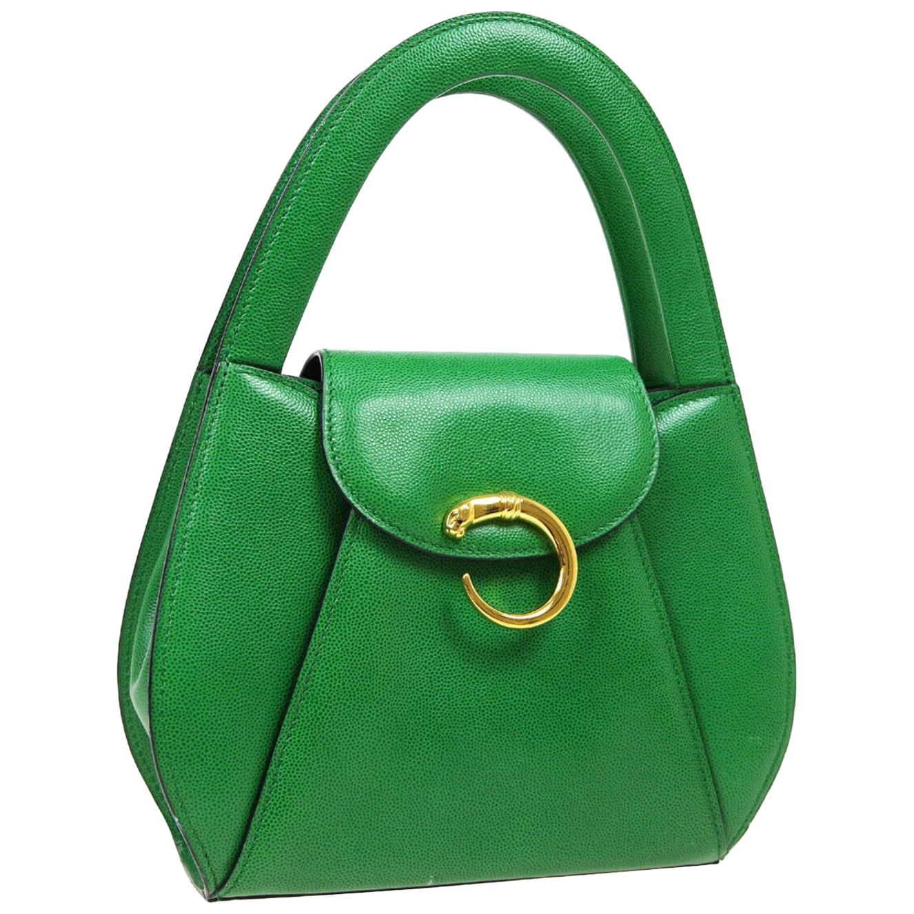 Cartier Green Leather Gold Emblem Kelly Style Top Handle Satchel Flap Bag