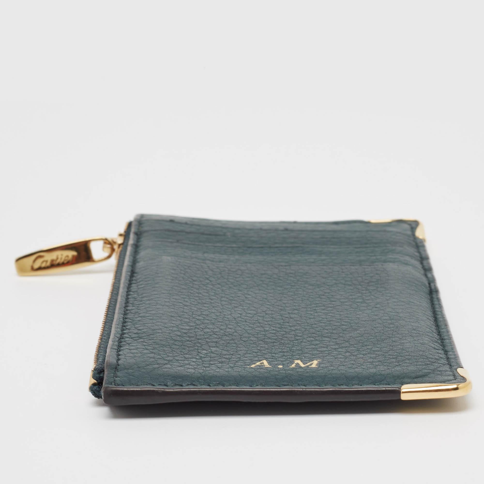 Cartier Green Leather Must de Cartier Zip Card Holder For Sale 5
