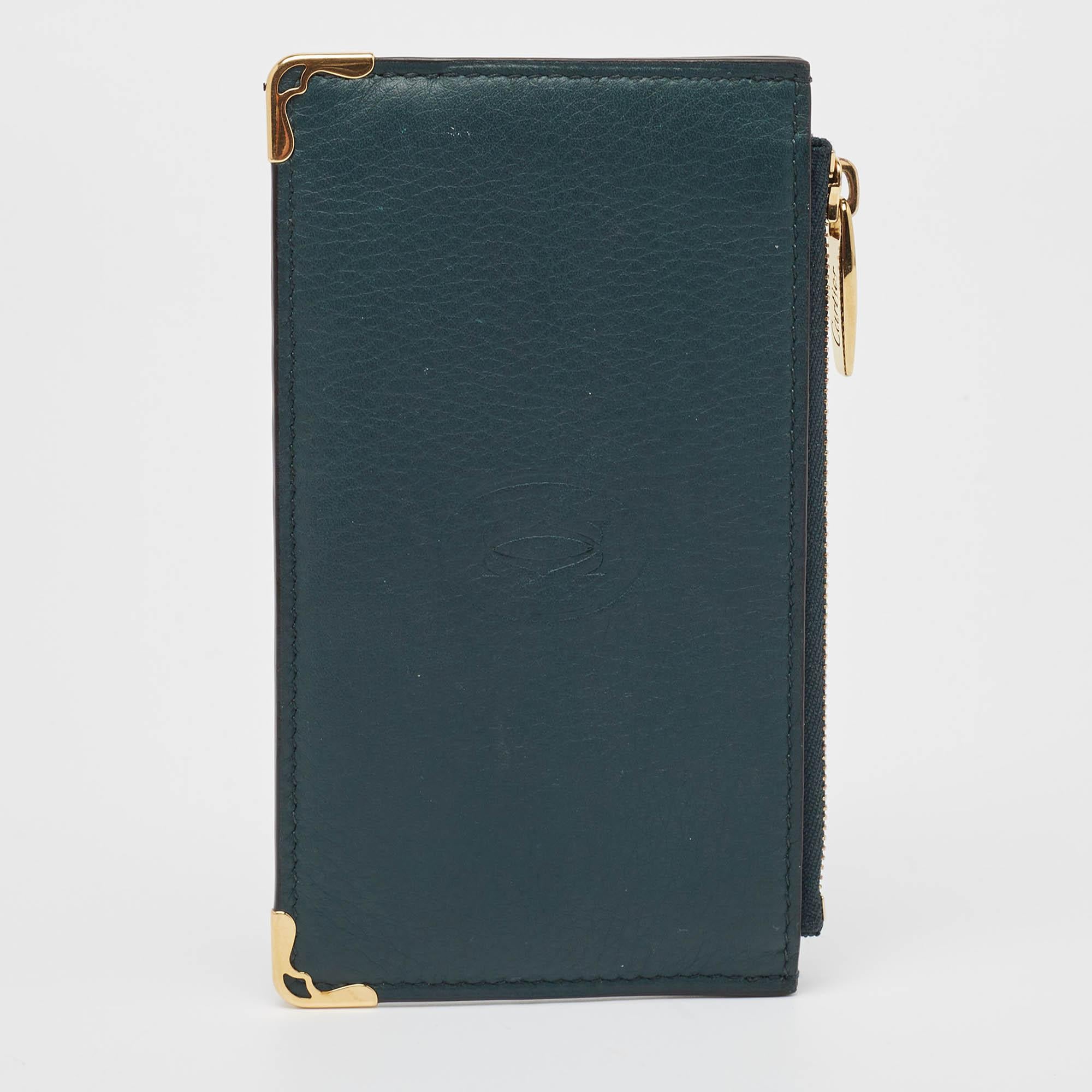 Black Cartier Green Leather Must de Cartier Zip Card Holder For Sale