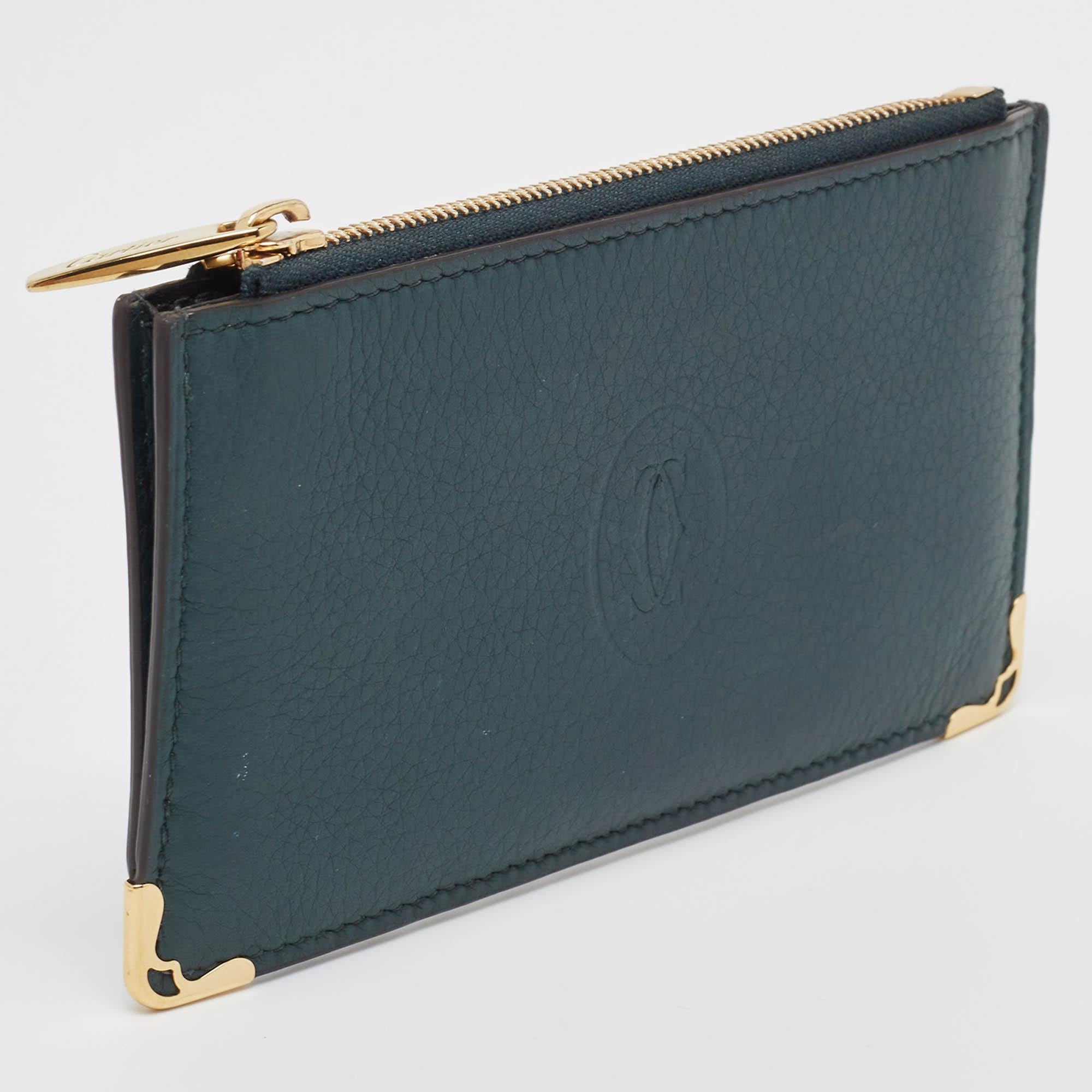 Women's Cartier Green Leather Must de Cartier Zip Card Holder For Sale