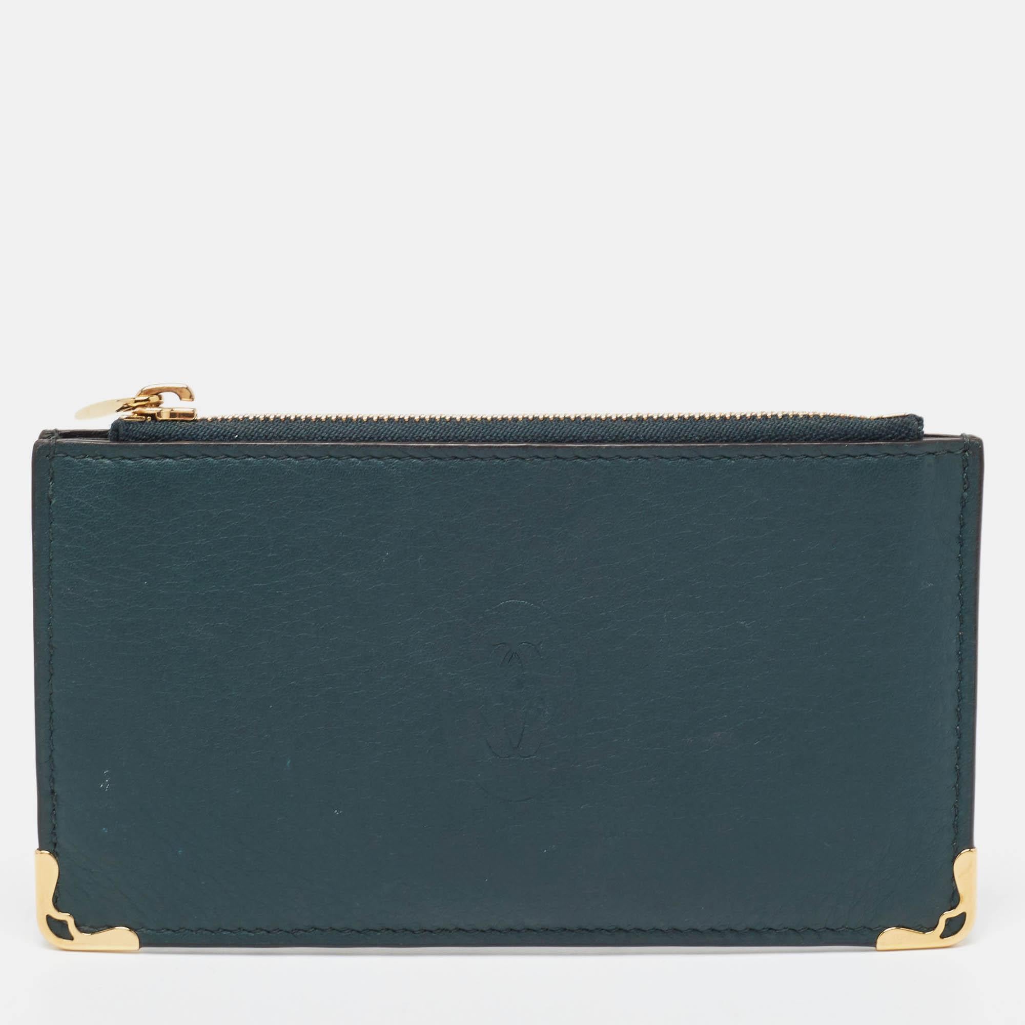 Cartier Green Leather Must de Cartier Zip Card Holder For Sale 2