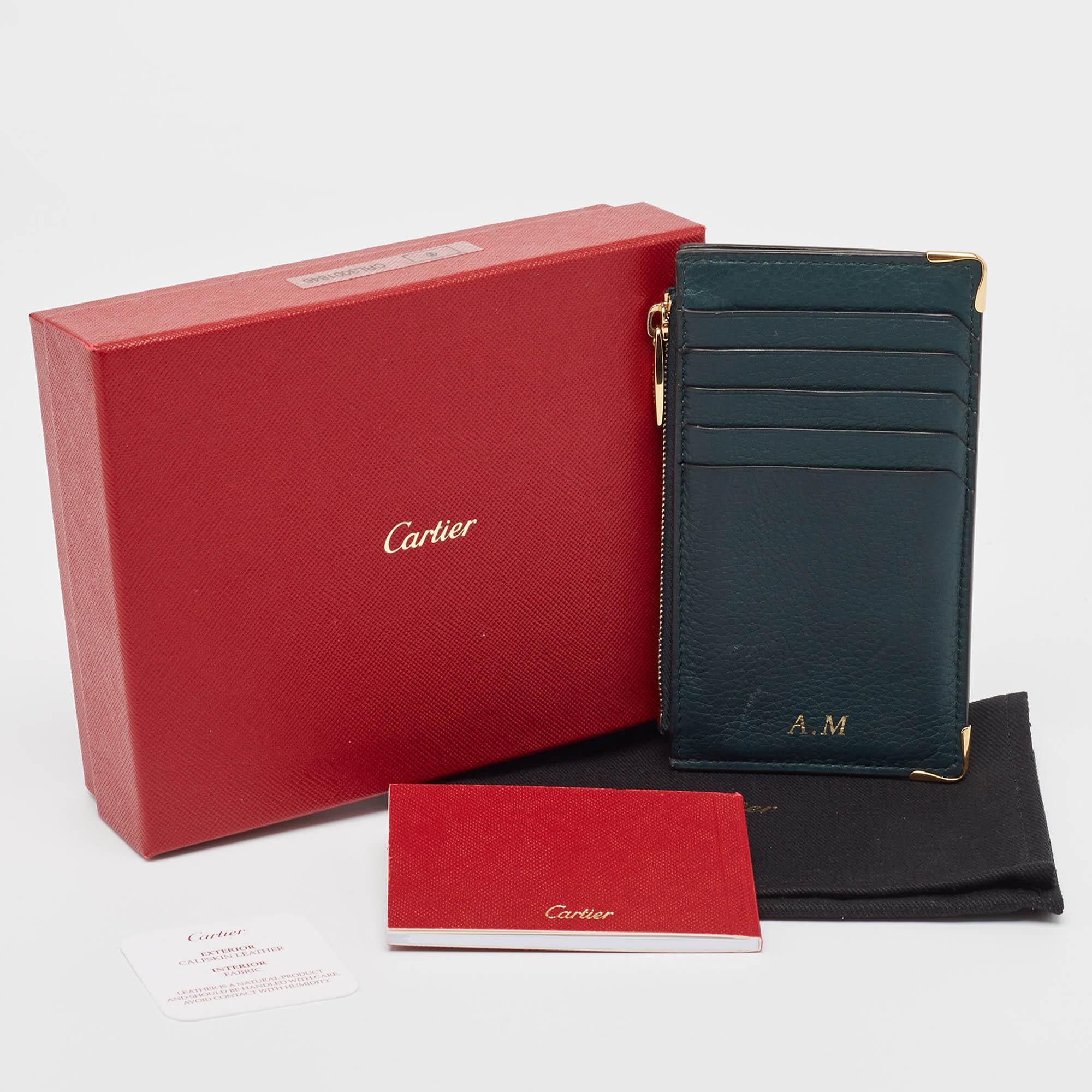 Cartier Green Leather Must de Cartier Zip Card Holder For Sale 4