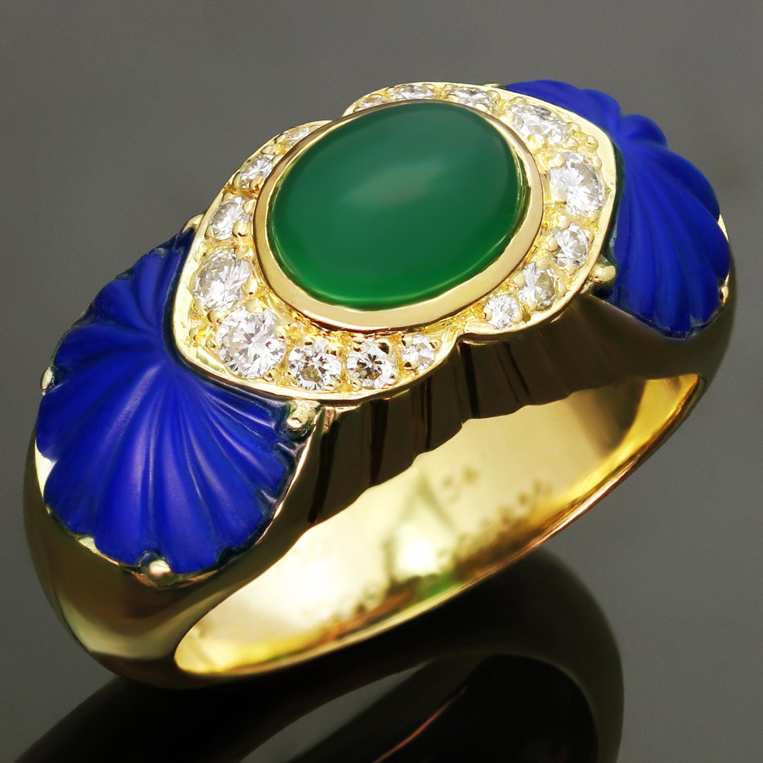 Exotic and alluring, this authentic Cartier ring is crafted in 18k yellow gold and features a stunning oval green rhodochrosite crown encircled by natural brilliant-cut round diamonds flanked by beautifully carved blue lapis lazuli fans. Made in