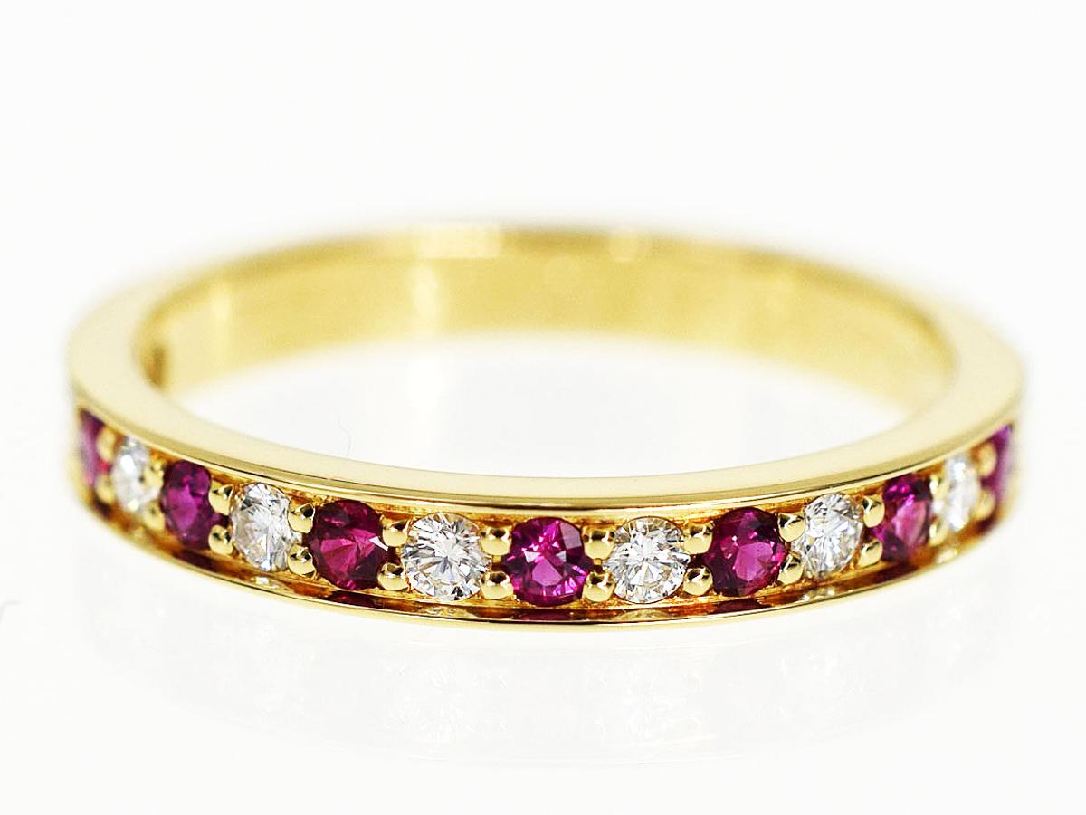 Brand:Cartier 
Name:Half Eternity Diamond Ruby Ring
Material :Diamond, Ruby, 750 K18 YG Yellow Gold
Comes with:Cartier Case
Ring Size:British & Australian:I 1/2  /   US & Canada:4.5 /  French & Russian:48 /  German:15 1/4  /  Japanese: 8  /Swiss: