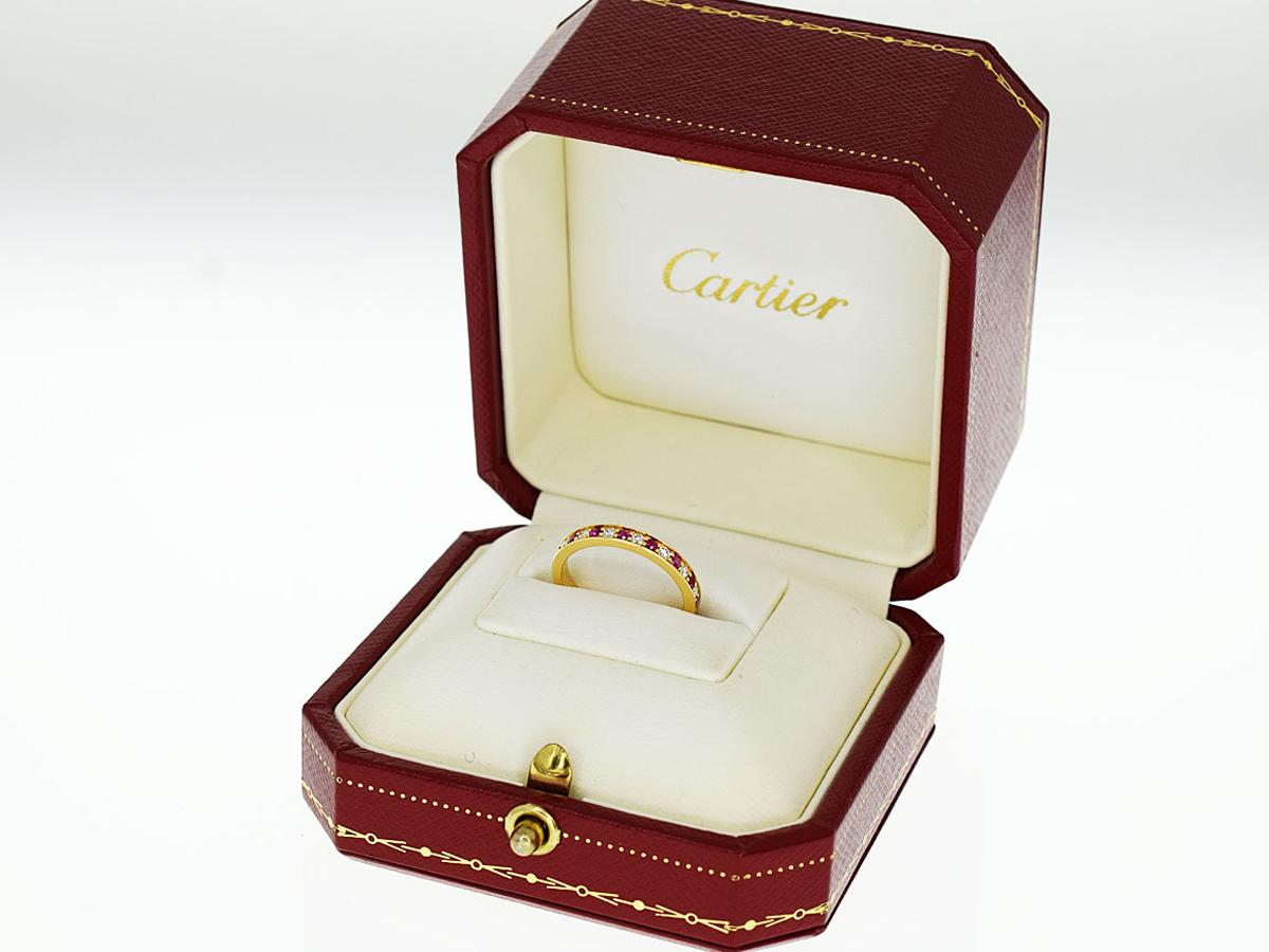 Cartier Half Eternity Diamond Ruby 18 Karat Yellow Gold Ring US 4.5 2