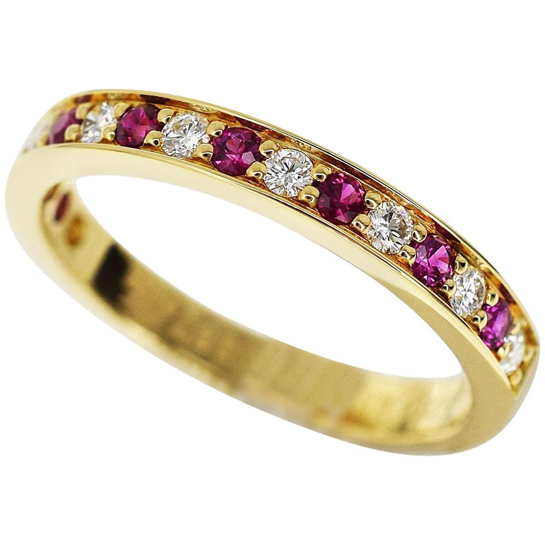 Cartier Half Eternity Diamond Ruby 18 Karat Yellow Gold Ring US 4.5