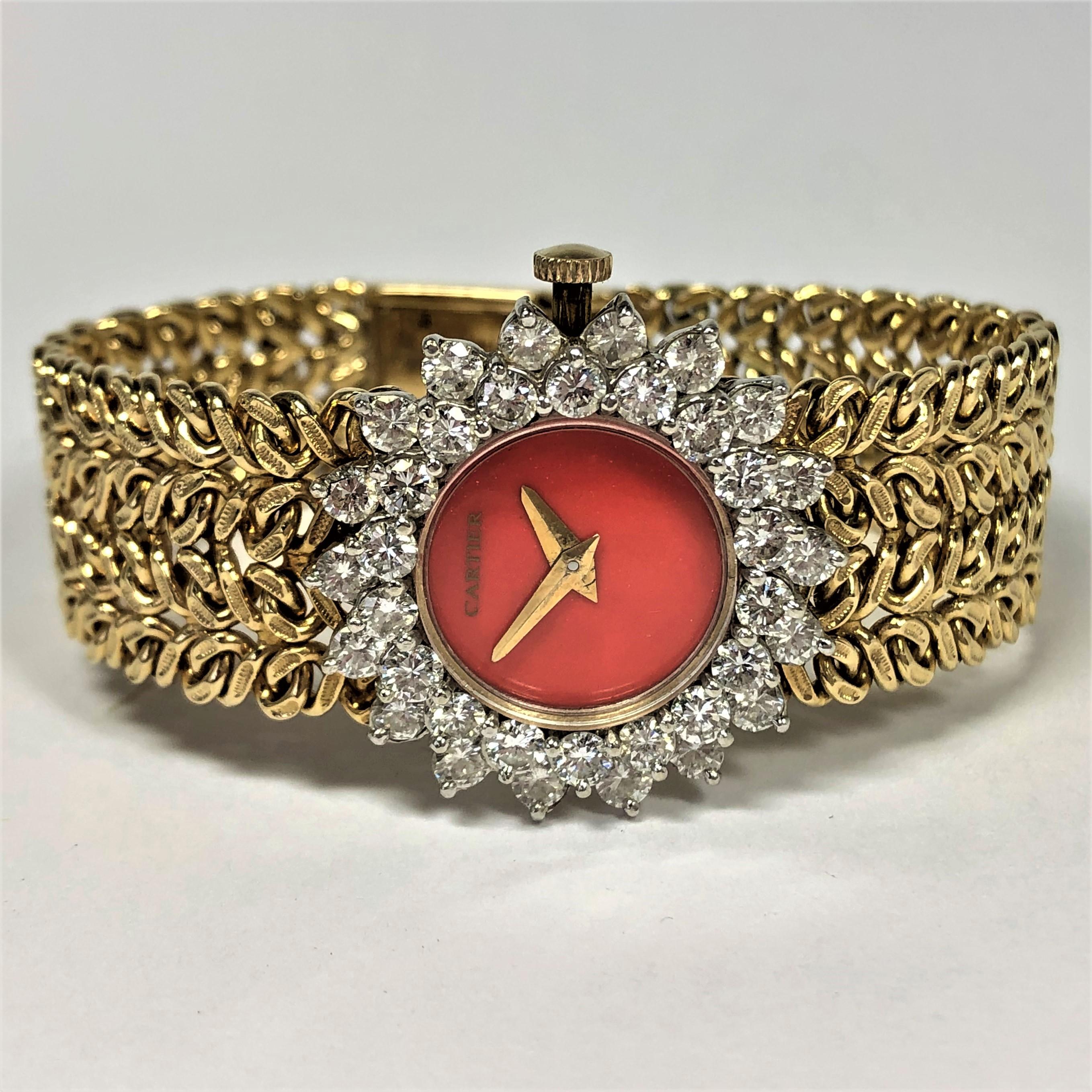 Brilliant Cut Cartier/Hammerman 1970s Gold Coral Dial Double Diamond Bezel Watch
