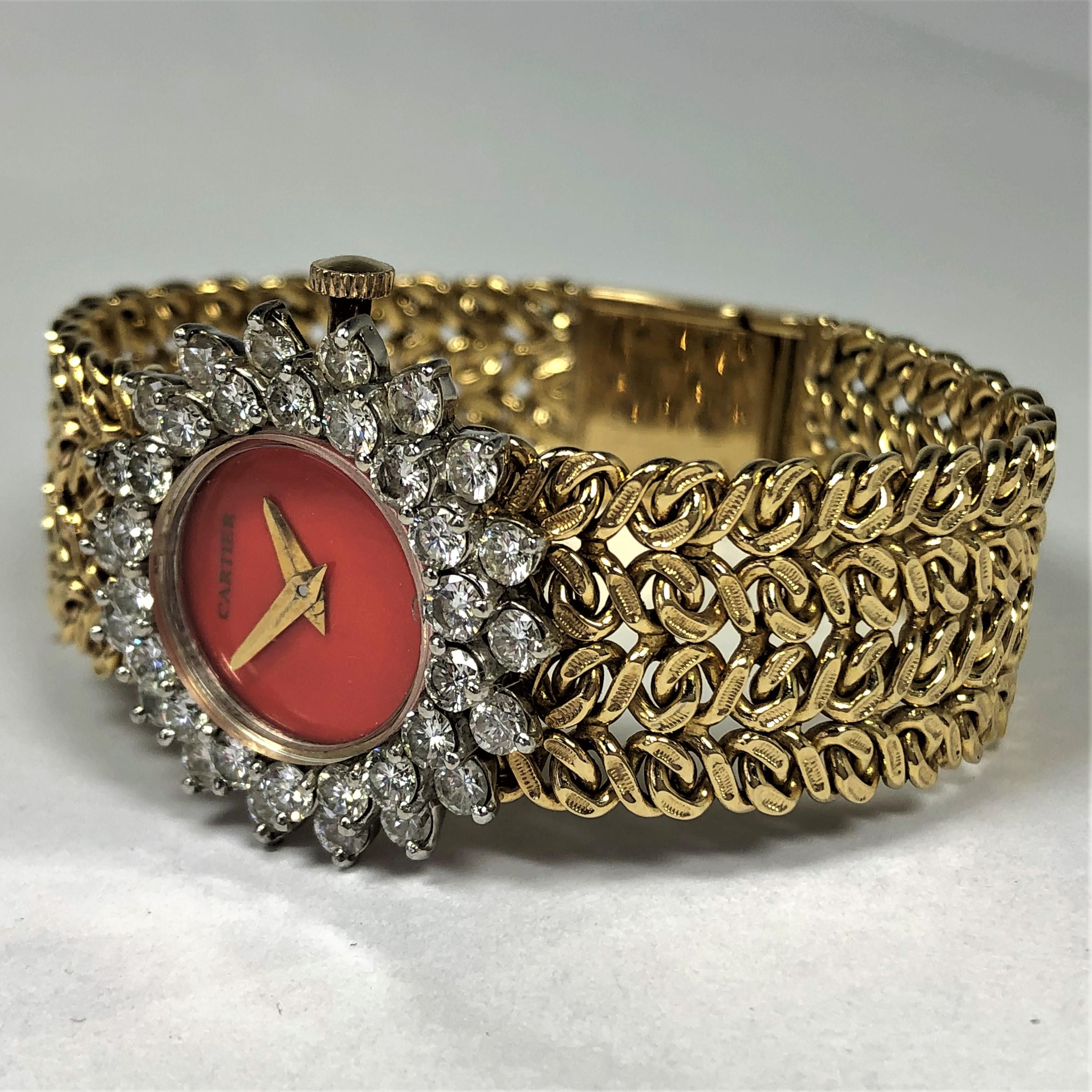 Cartier/Hammerman 1970s Gold Coral Dial Double Diamond Bezel Watch 3