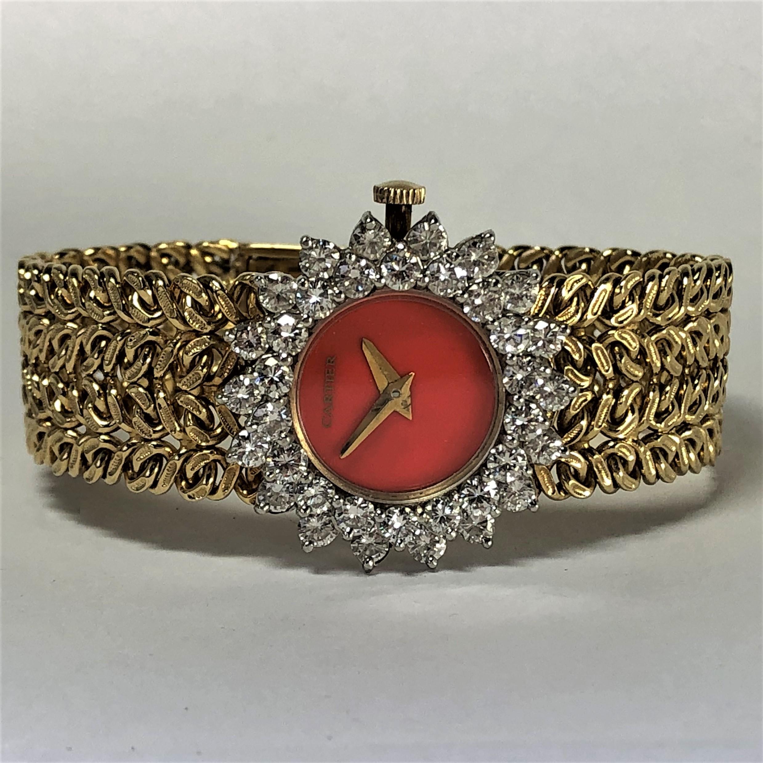 Cartier/Hammerman 1970s Gold Coral Dial Double Diamond Bezel Watch 4