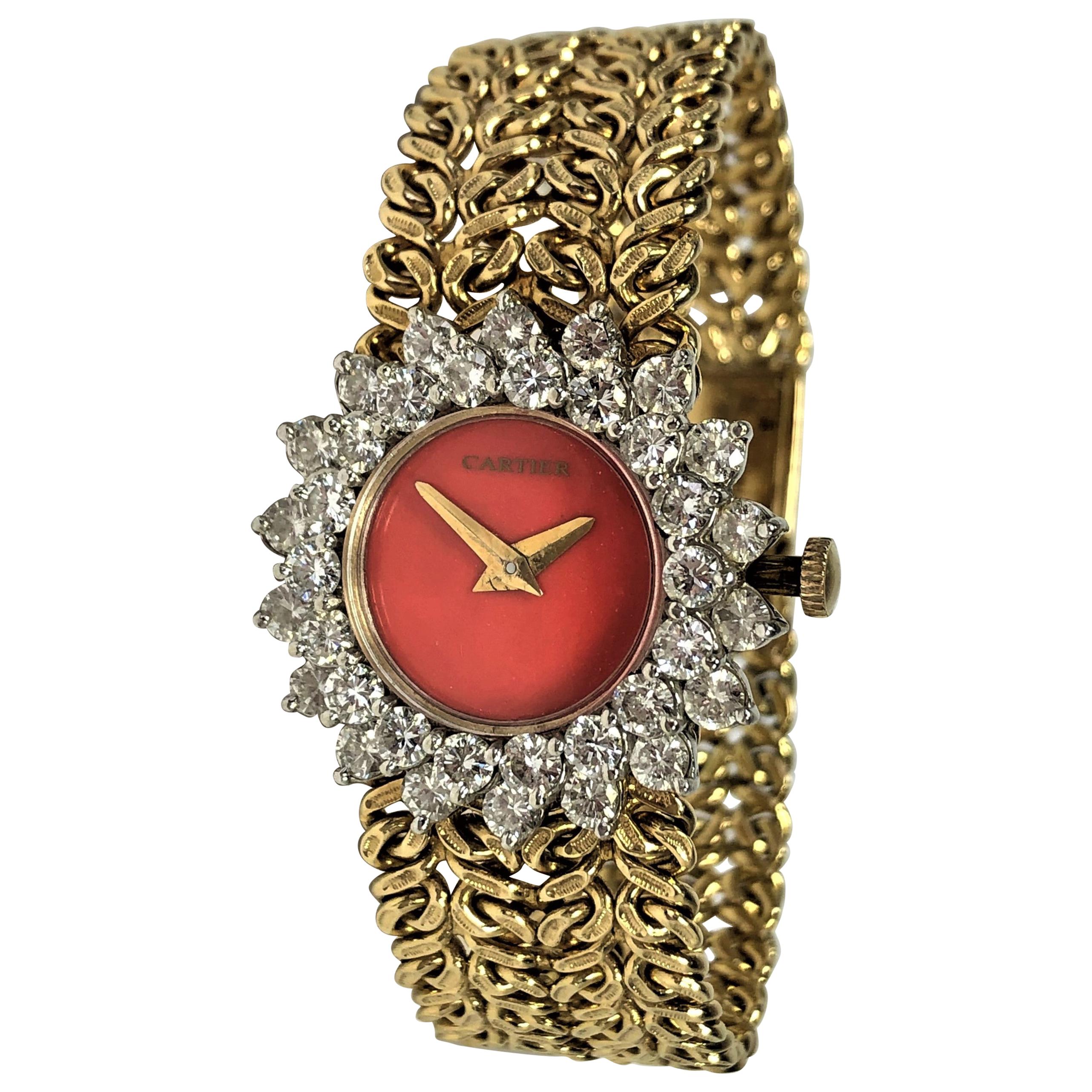 Cartier/Hammerman 1970s Gold Coral Dial Double Diamond Bezel Watch