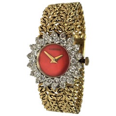 Cartier/Hammerman 1970s Gold Coral Dial Double Diamond Bezel Watch