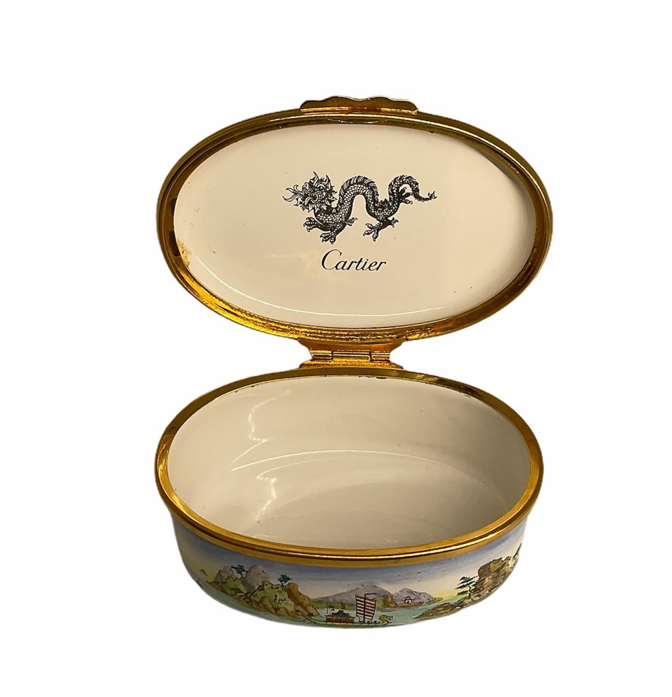 Chinoiserie Cartier Hand Painted Enamel Porcelain Trinket Box For Sale
