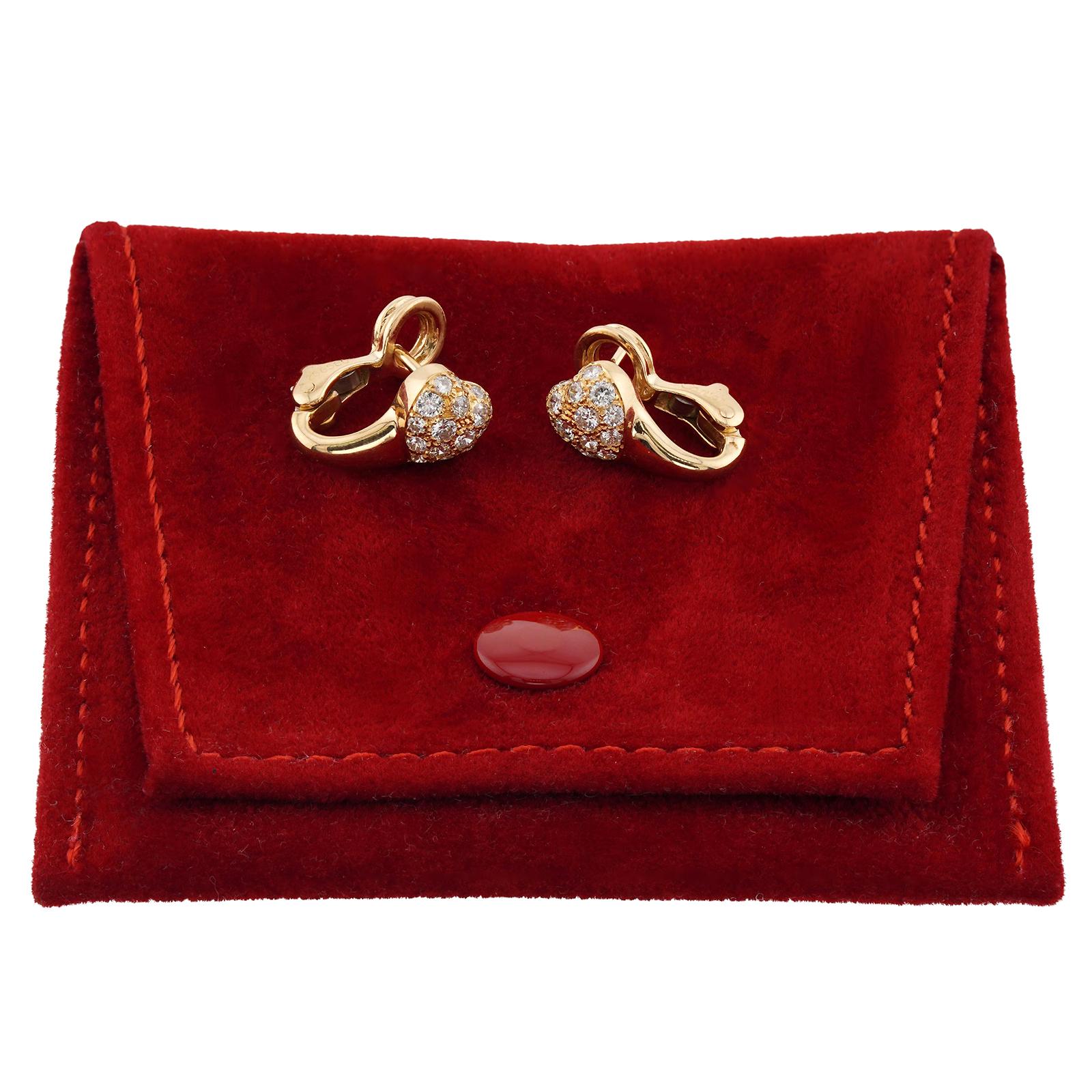 CARTIER Heart Pave Diamond Yellow Gold Earrings In Excellent Condition For Sale In New York, NY