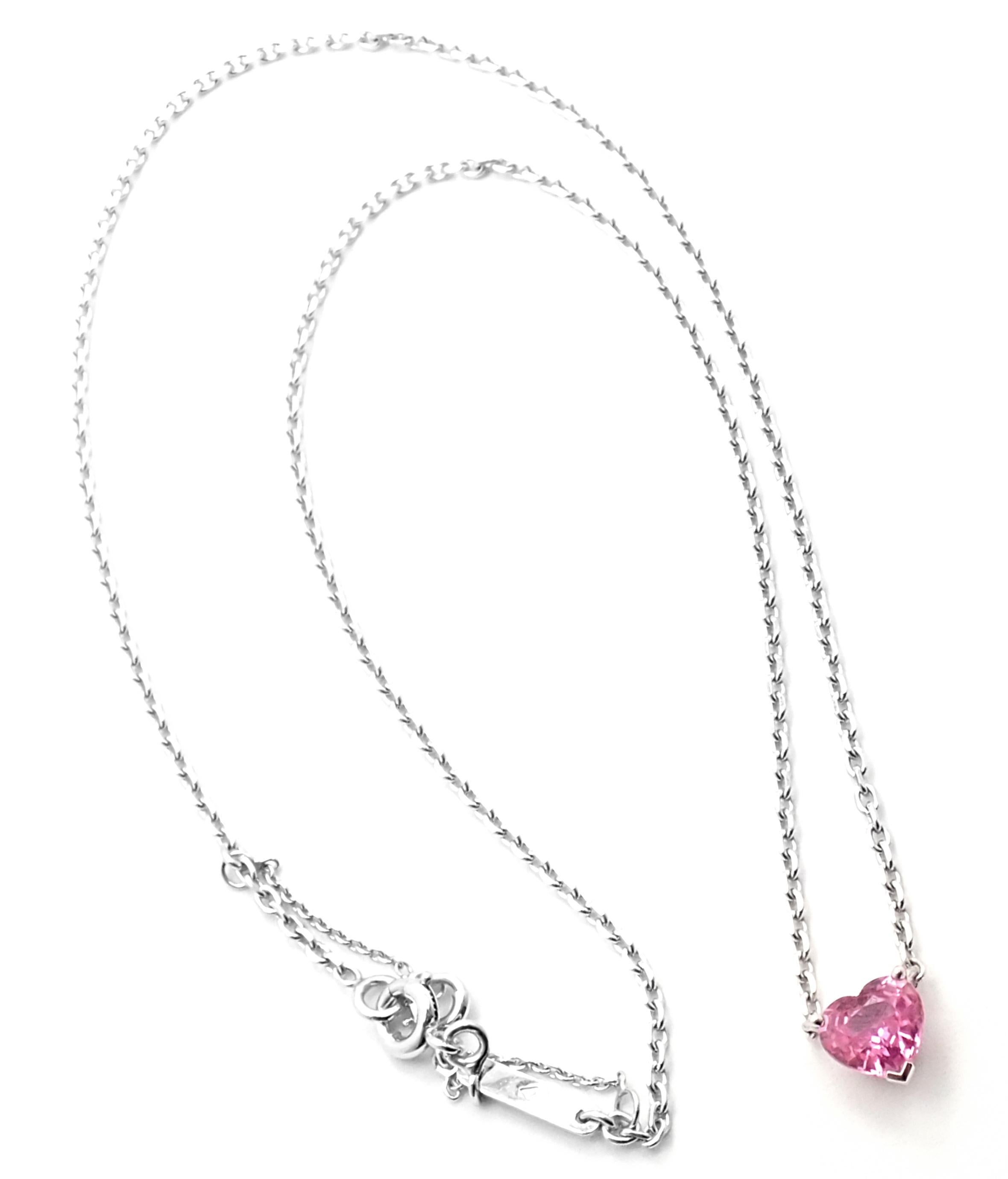 18k White Gold Heart Shaped Pink Sapphire Pendant Necklace by Cartier. 
With 1 heart shape pink sapphire 7mm x 7.5mm  
Details: 
Length: 15.5''  
Width: 2mm
Pendant: 7mm x 7.5mm
Weight: 4.8grams 
Stamped Hallmarks:  Cartier 750 AVXXXX(serial number