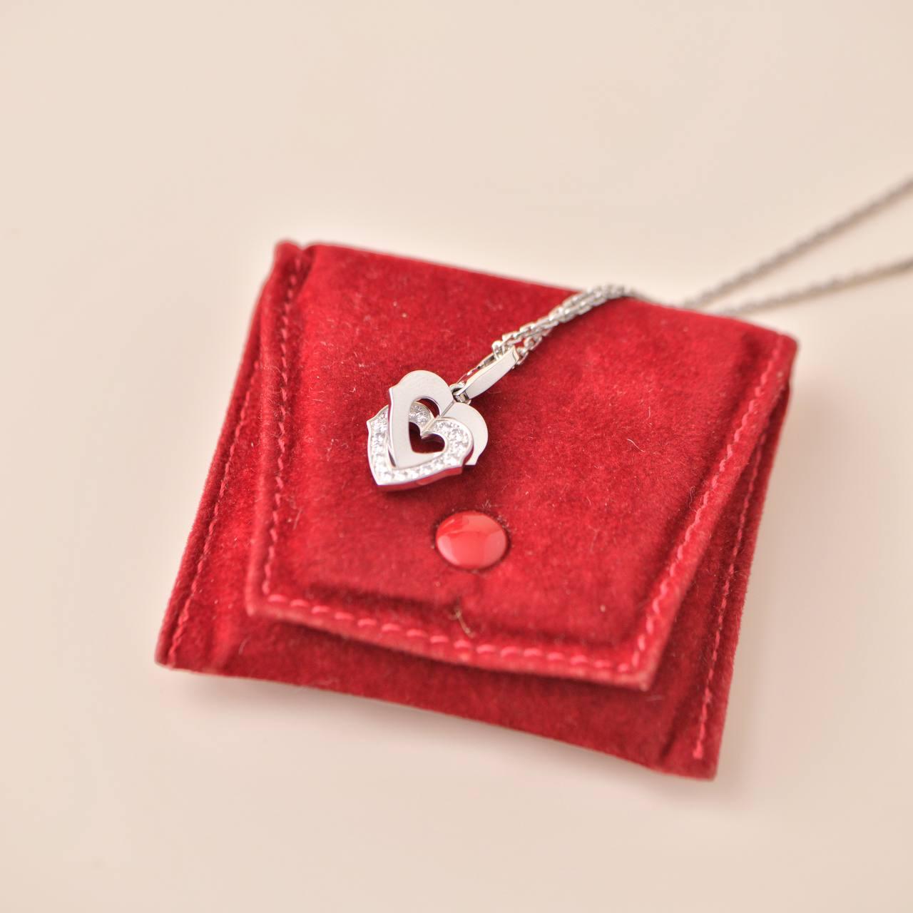 Women's or Men's Cartier Hearts and Symbols Diamond Double Heart 18K White Gold Pendant Necklace For Sale