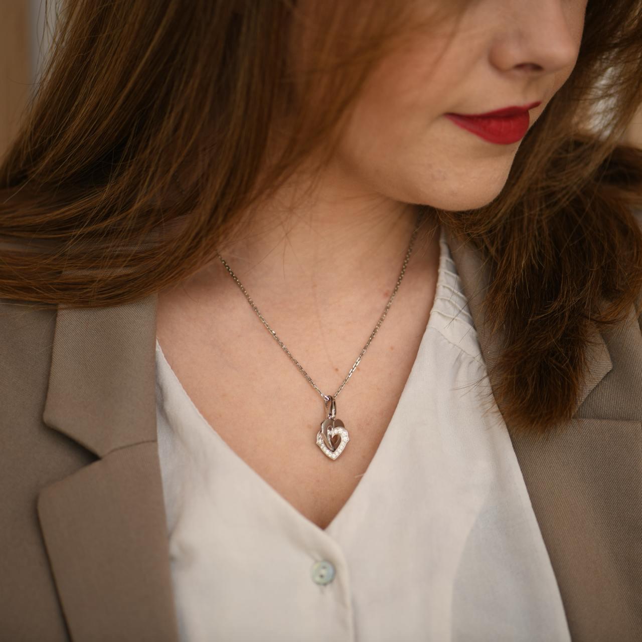 Brilliant Cut Cartier Hearts and Symbols Diamond Double Heart 18K White Gold Pendant Necklace For Sale