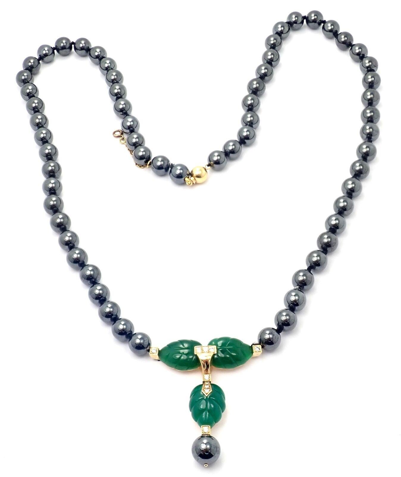 18k Yellow Gold Diamond Hematite Bead Chalcedony Leaf Design Stones Necklace by Cartier. 
With 1 strand of Hematite beads
Each approx 9mm in size
10 round brilliant cut diamonds VS1 clarity, E color total weight approximately .50ct
3 Green