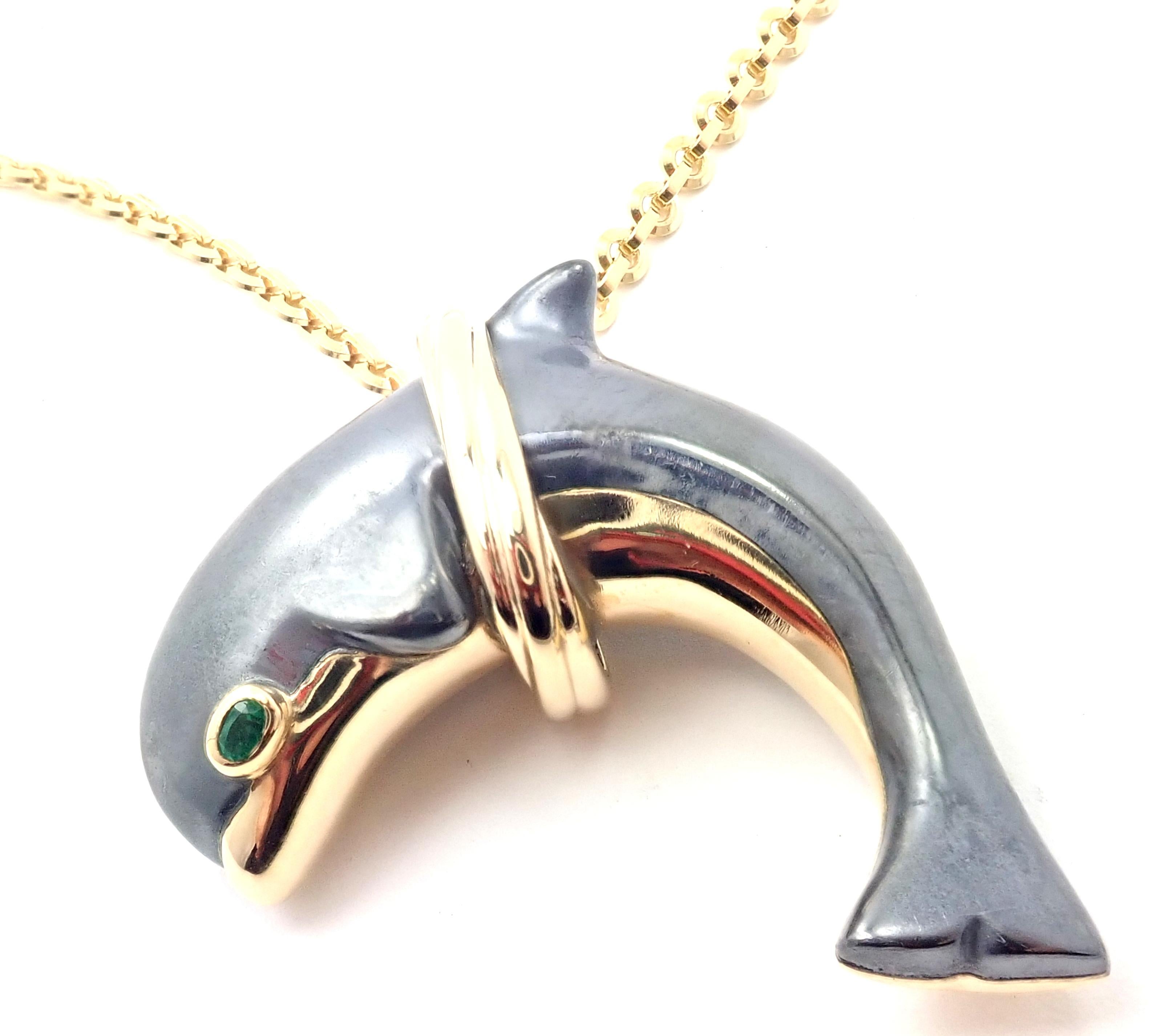 Cartier Hematite Dolphin Yellow Gold Pendant Link Necklace For Sale 4