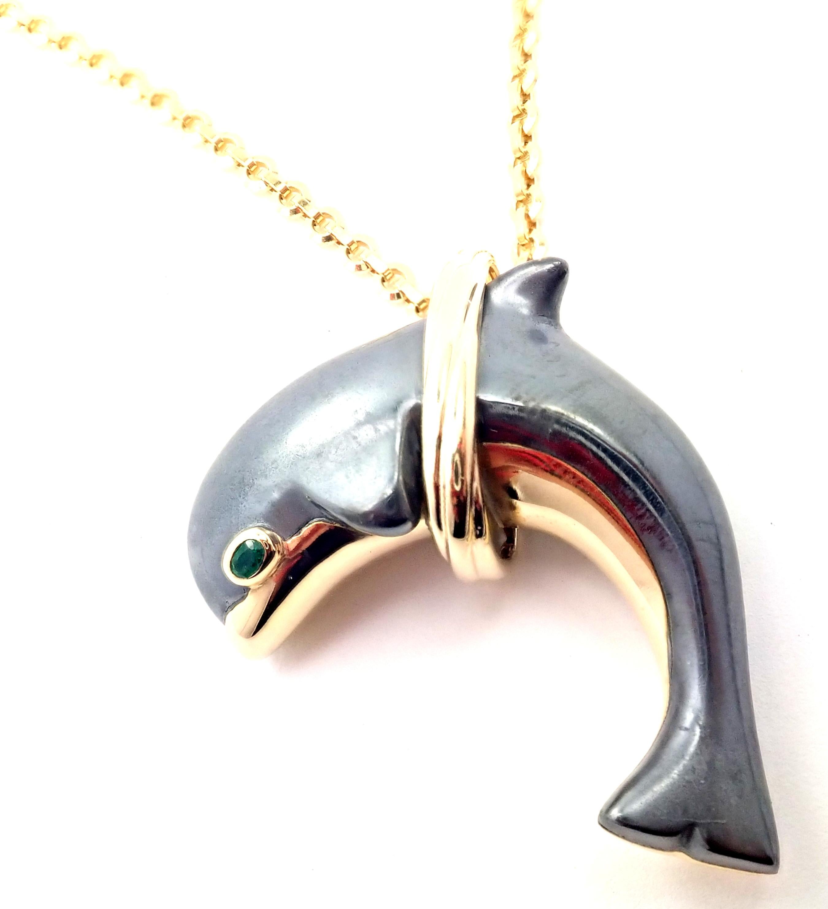 Uncut Cartier Hematite Dolphin Yellow Gold Pendant Link Necklace For Sale