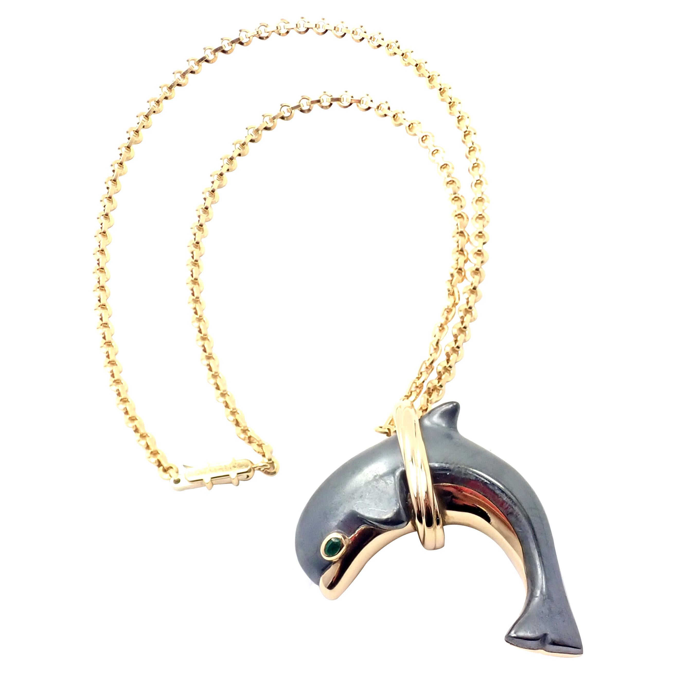 Cartier Hematite Dolphin Yellow Gold Pendant Link Necklace For Sale