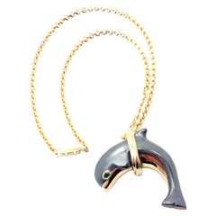 Vintage Cartier Hematite Dolphin Yellow Gold Pendant Link Necklace