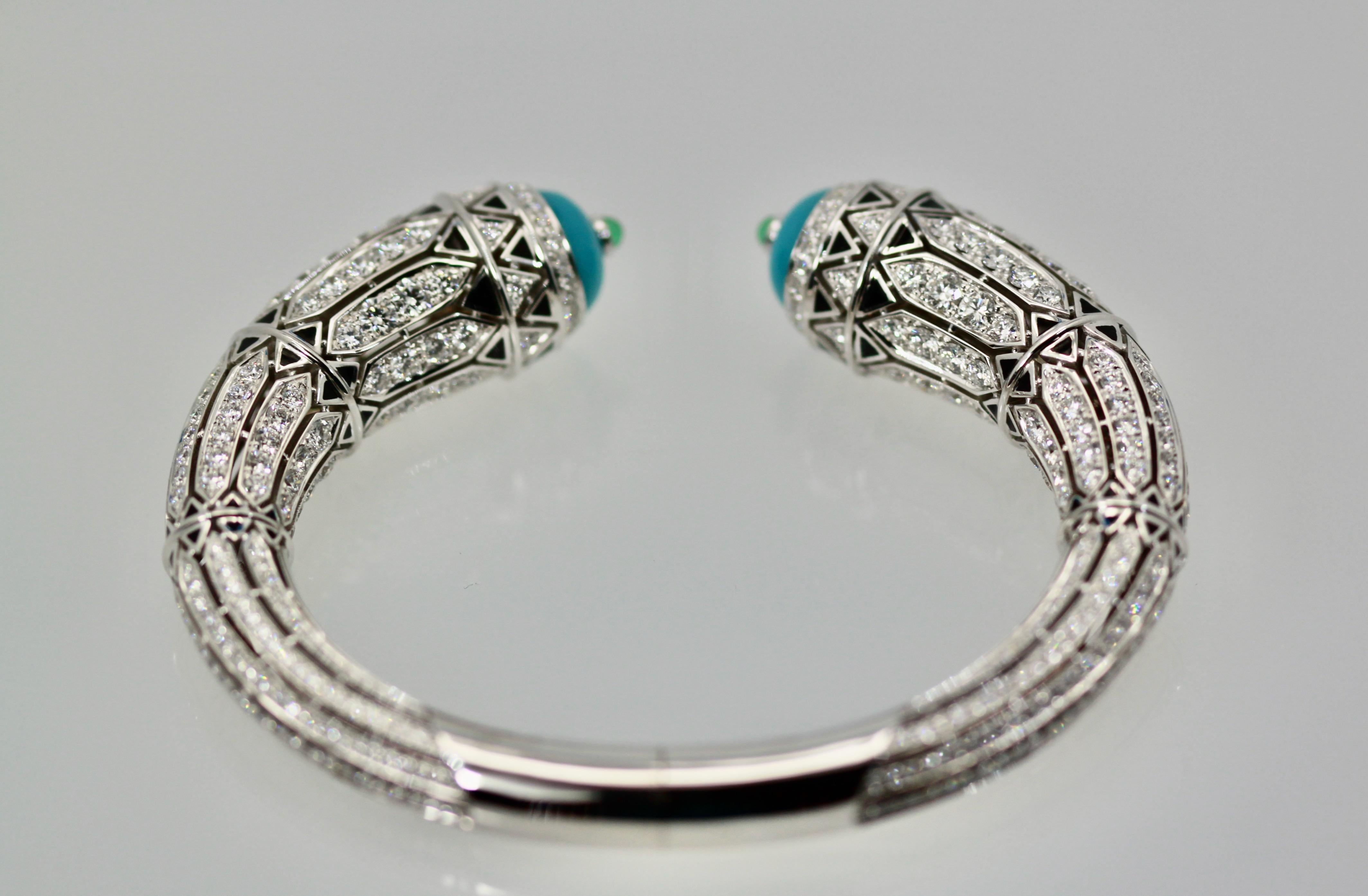 Cartier Bracelet haute joaillerie d'inspiration déco en turquoise et diamants de 12,73 carats en vente 5