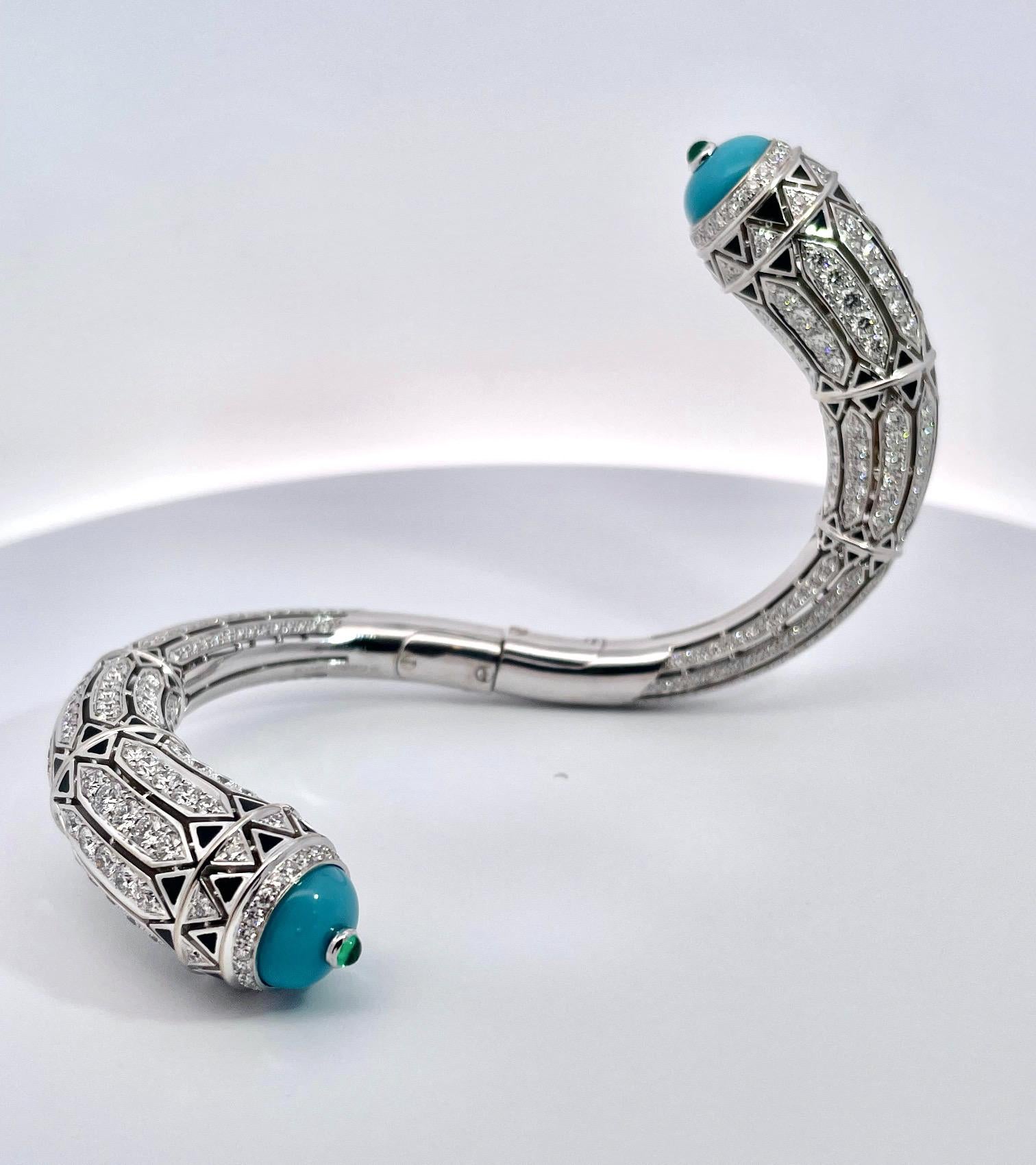 Cartier Bracelet haute joaillerie d'inspiration déco en turquoise et diamants de 12,73 carats en vente 7