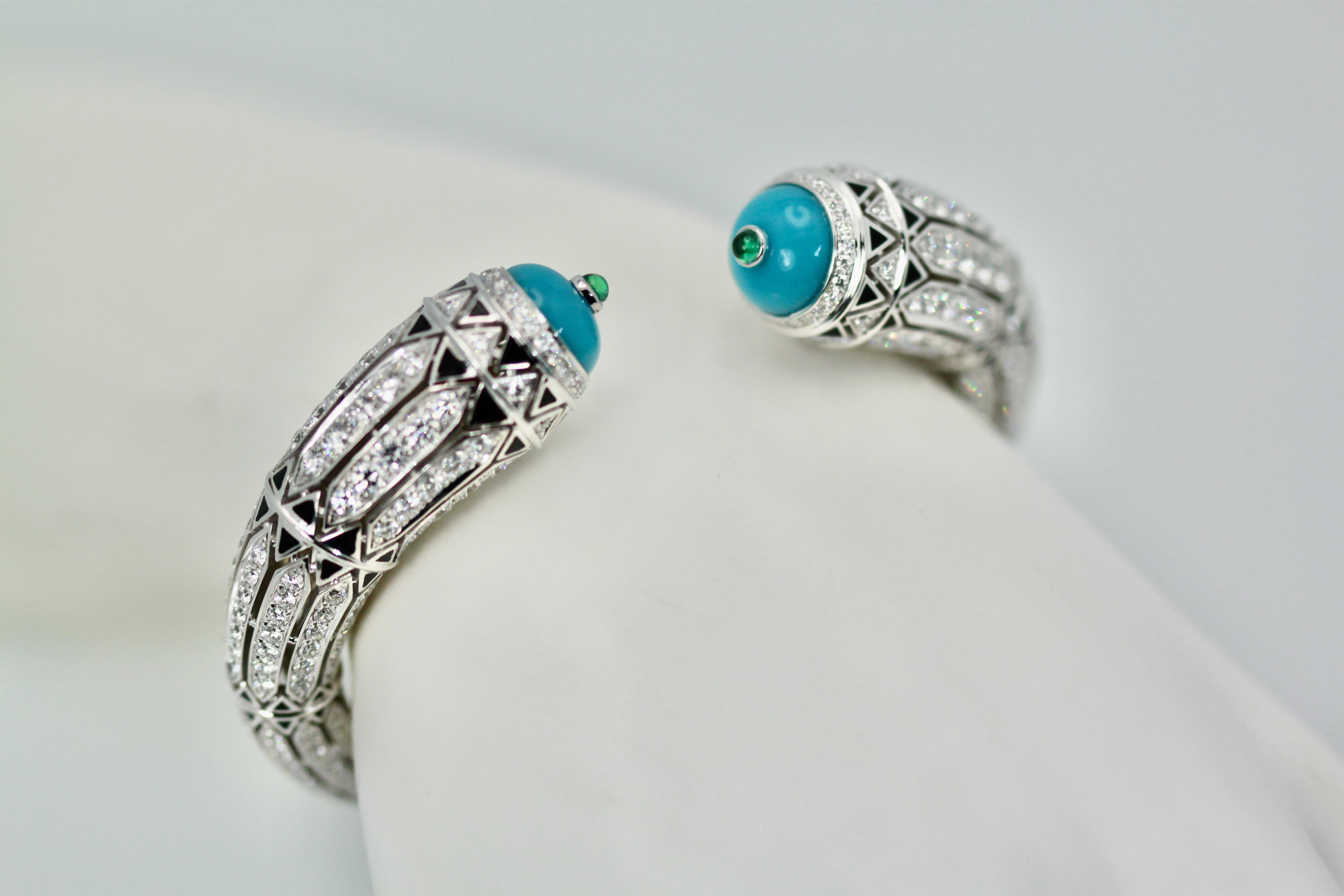 Taille ronde Cartier Bracelet haute joaillerie d'inspiration déco en turquoise et diamants de 12,73 carats en vente