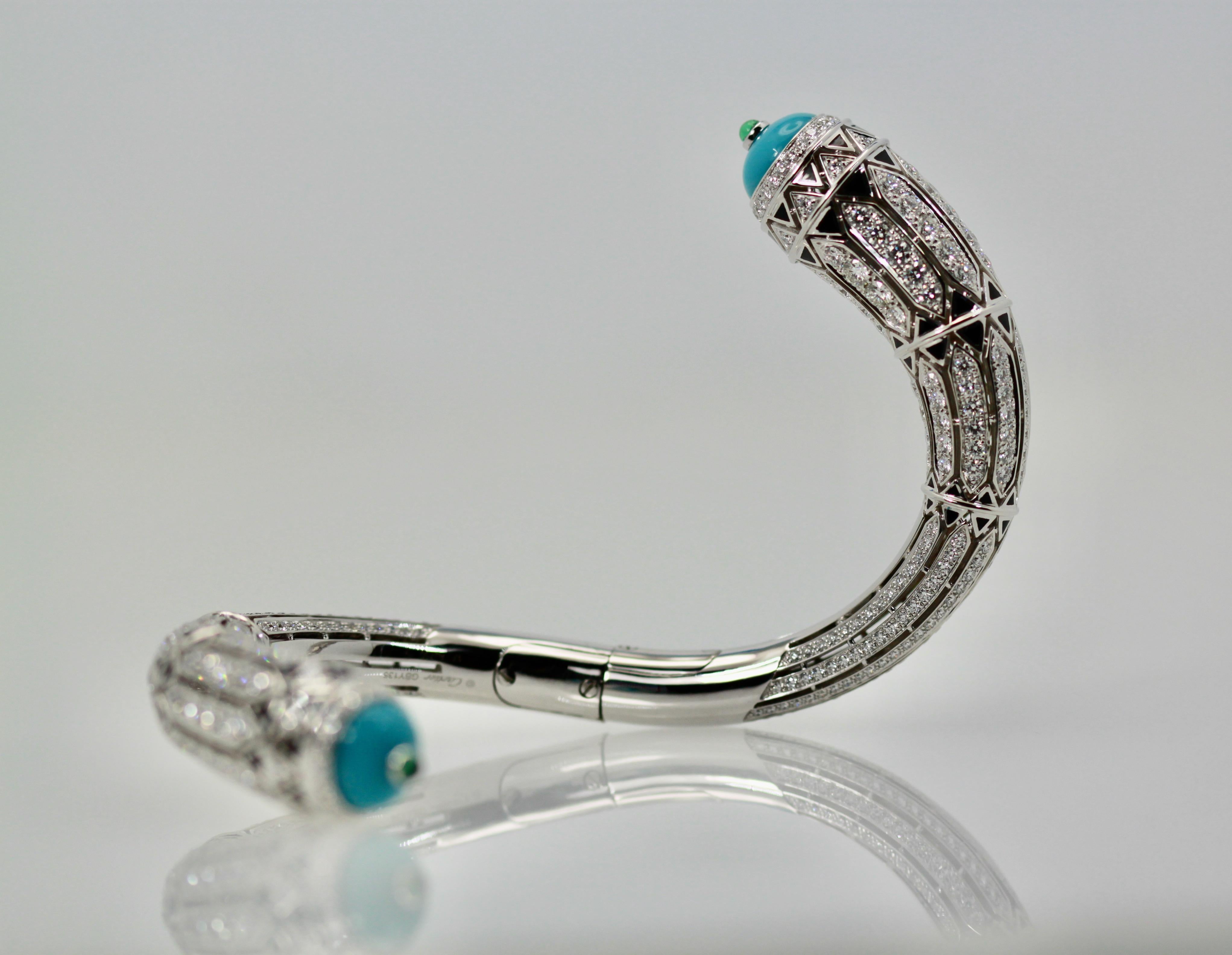 Round Cut Cartier High Jewelry Diamond Turquoise Bracelet Deco Inspired 12.73 Carat For Sale