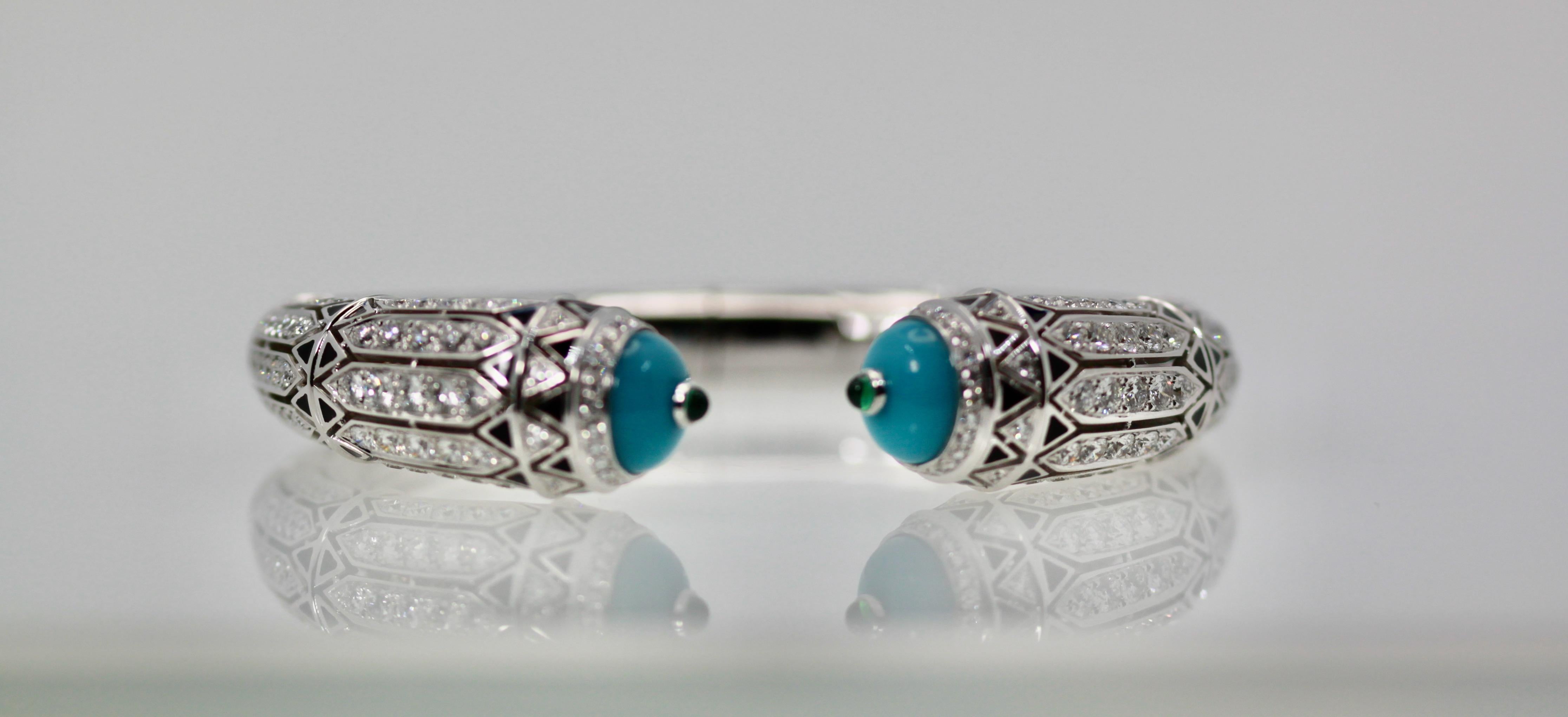 Cartier Bracelet haute joaillerie d'inspiration déco en turquoise et diamants de 12,73 carats en vente 2