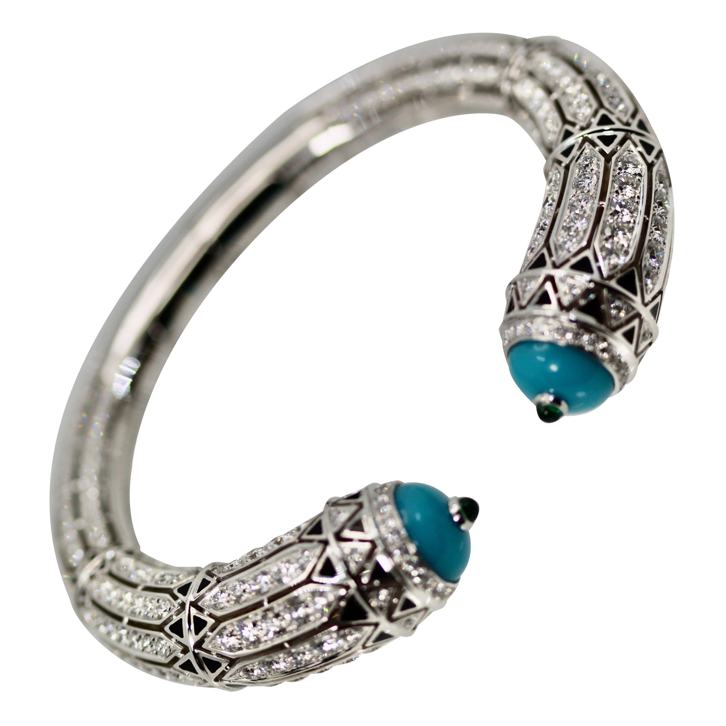 Cartier Bracelet haute joaillerie d'inspiration déco en turquoise et diamants de 12,73 carats