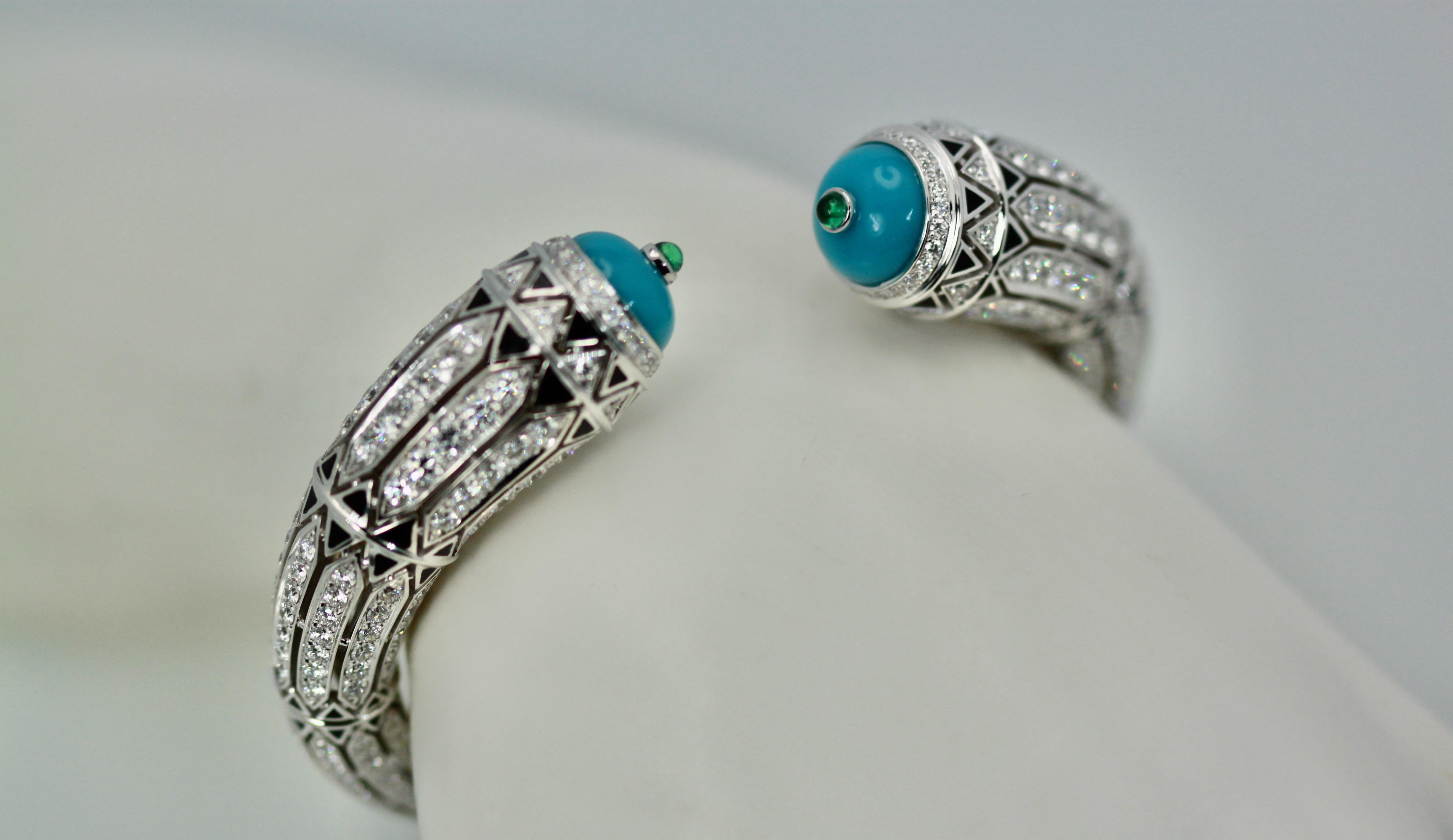 Art Deco Cartier High Jewelry Diamond Turquoise Bracelet Deco Inspired 12.73 Carat