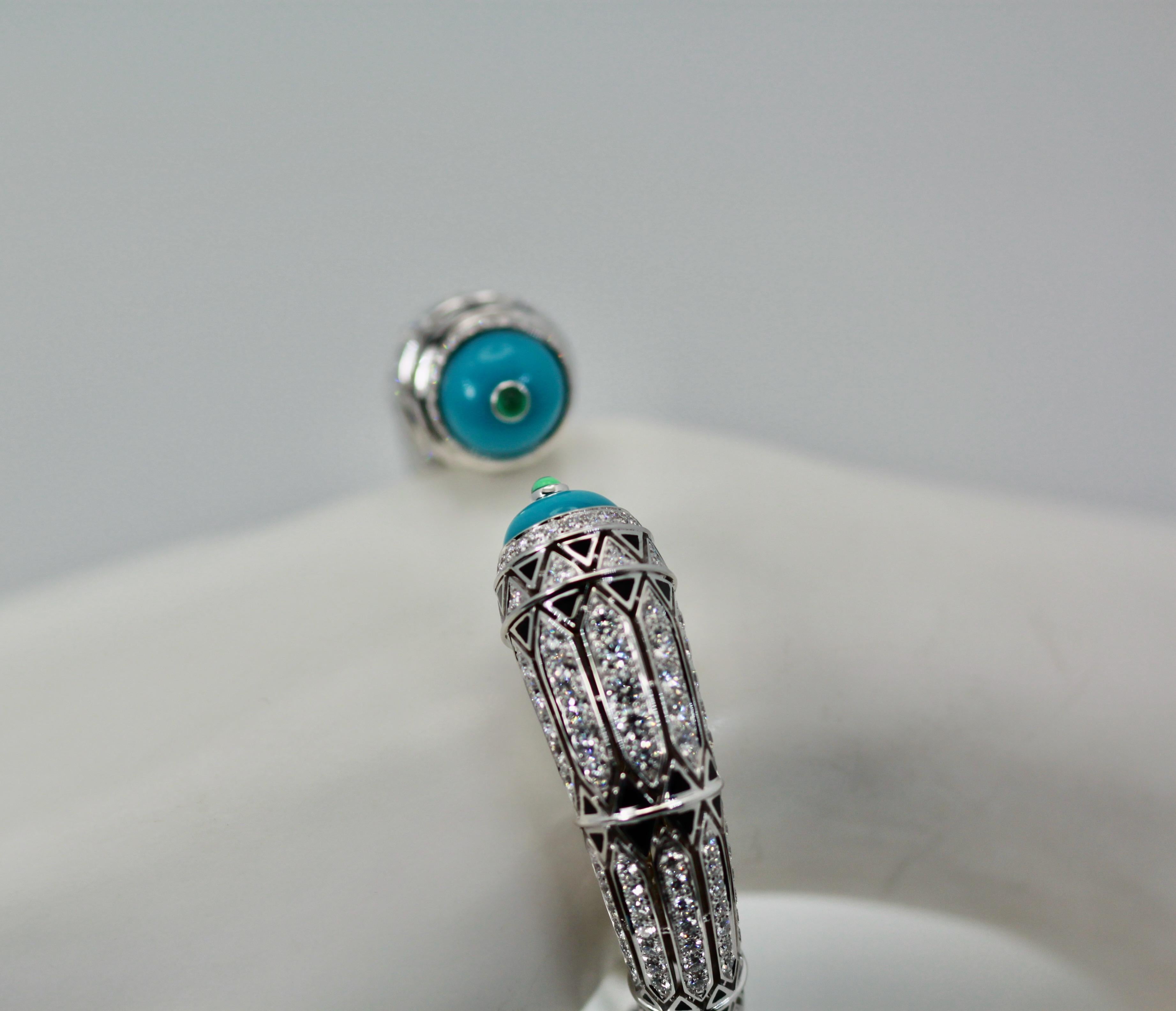 Round Cut Cartier High Jewelry Diamond Turquoise Bracelet Deco Inspired 12.73 Carat