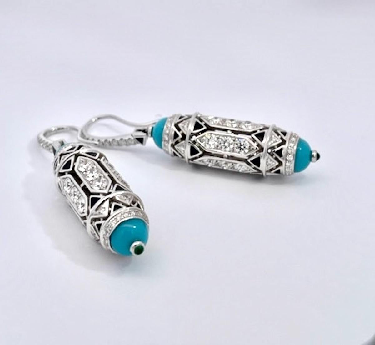 Round Cut Cartier High Jewelry Diamond Turquoise Earrings Deco Inspired 3.93 Carat