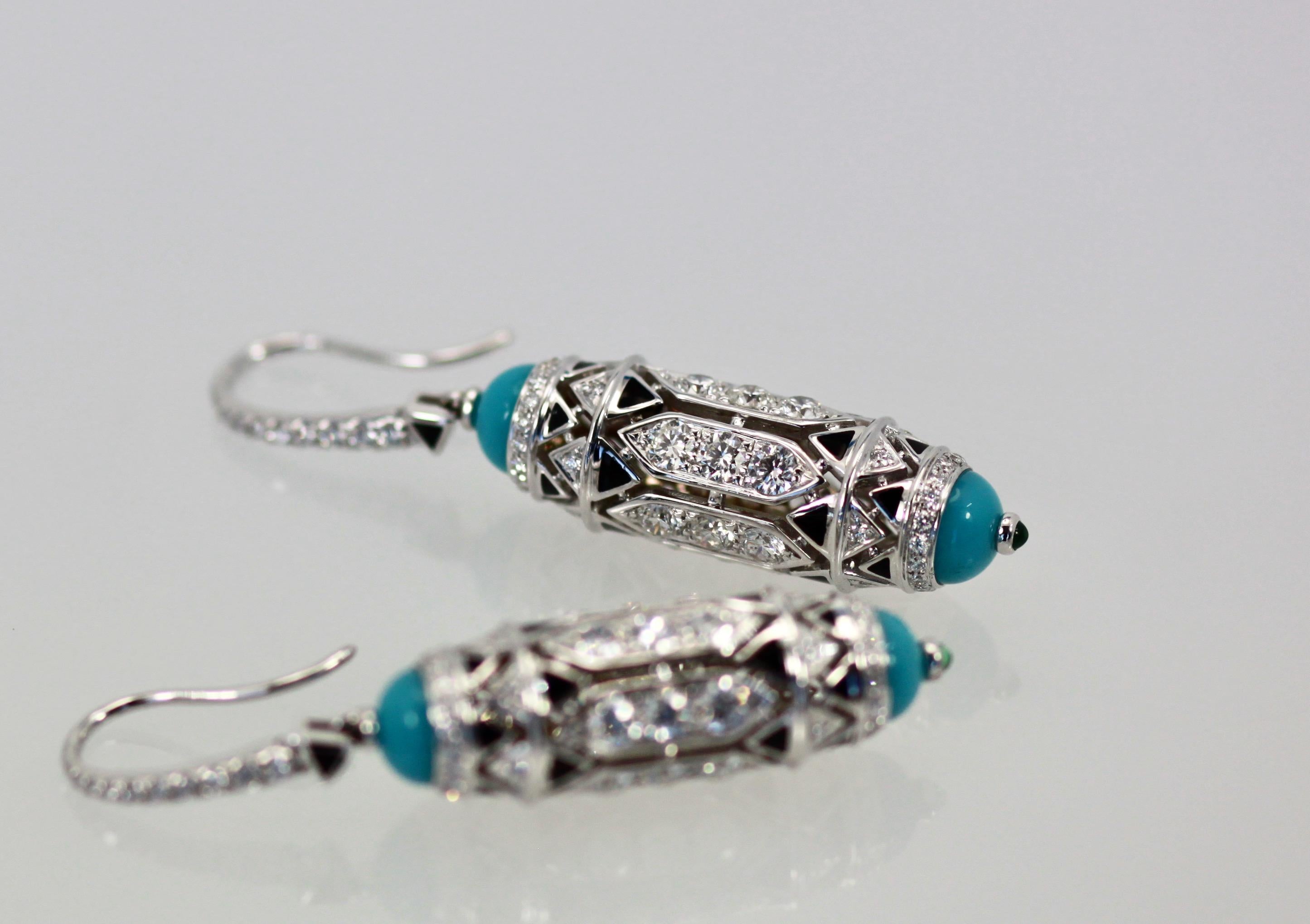 Women's Cartier High Jewelry Diamond Turquoise Earrings Deco Inspired 3.93 Carat