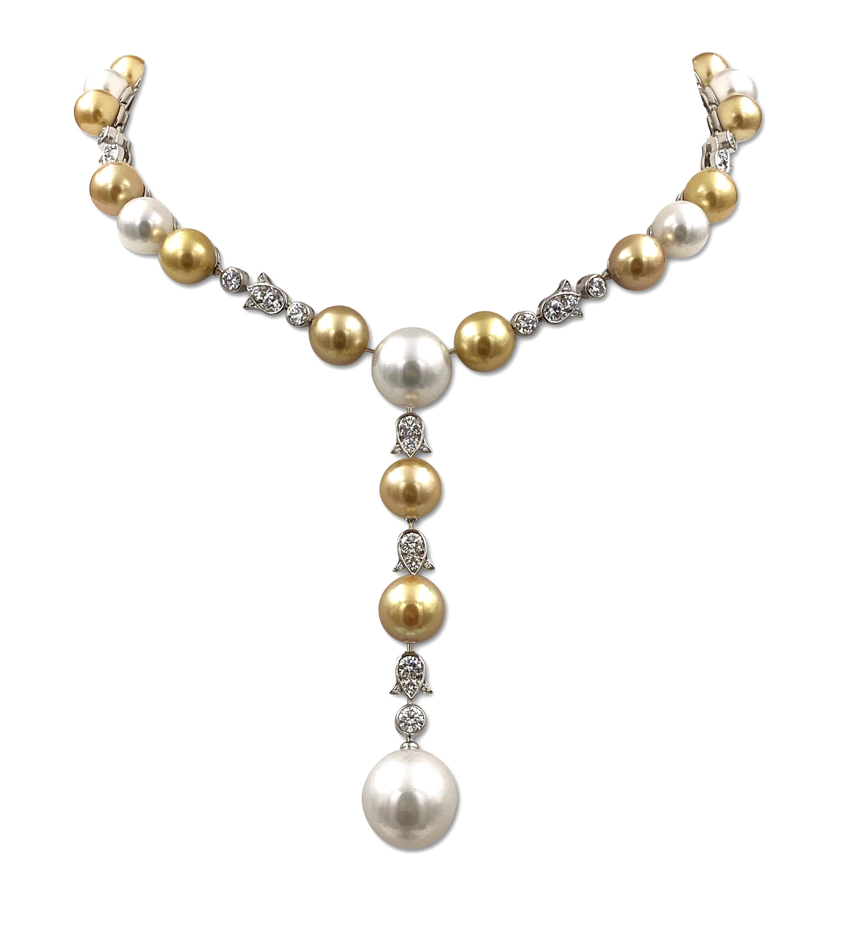 An elegant high jewelry necklace designed by Cartier CIRCA 2000s. Crafted in platinum, the necklace centers on a series of cream and gold-toned pearls of graduating sizes separated by floral-like diamond sections set with an estimated 5.30 carats of