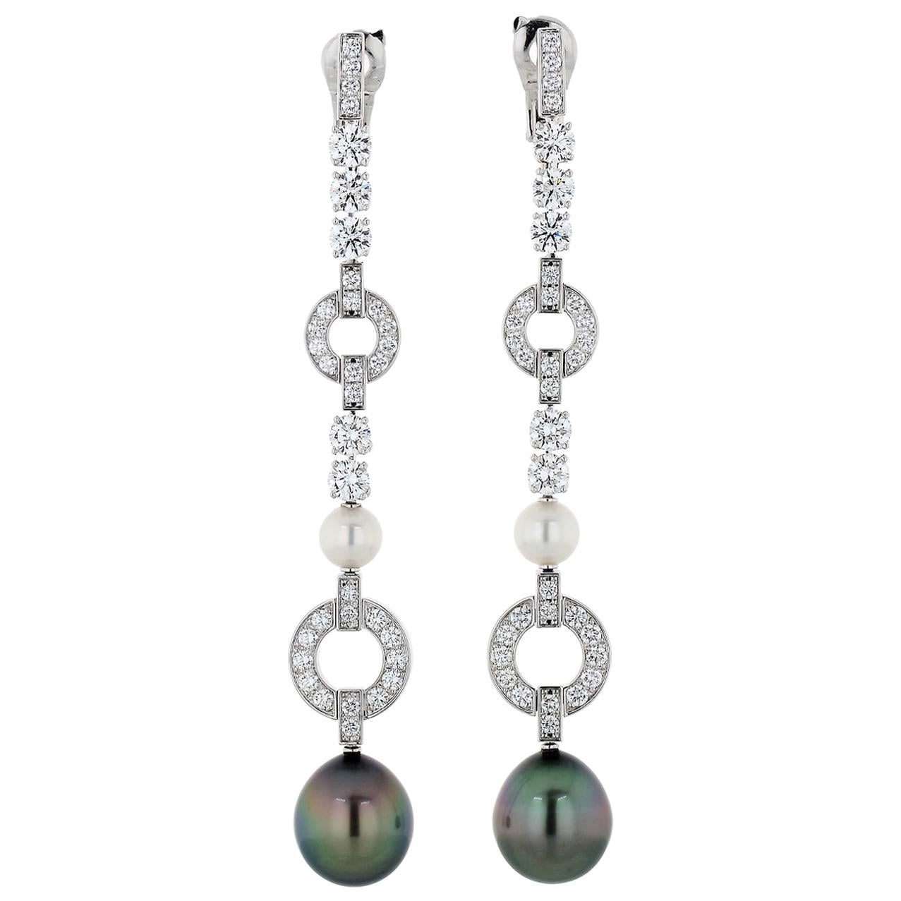 Cartier Himalia Diamond and Pearl Dangle Drop Earrings