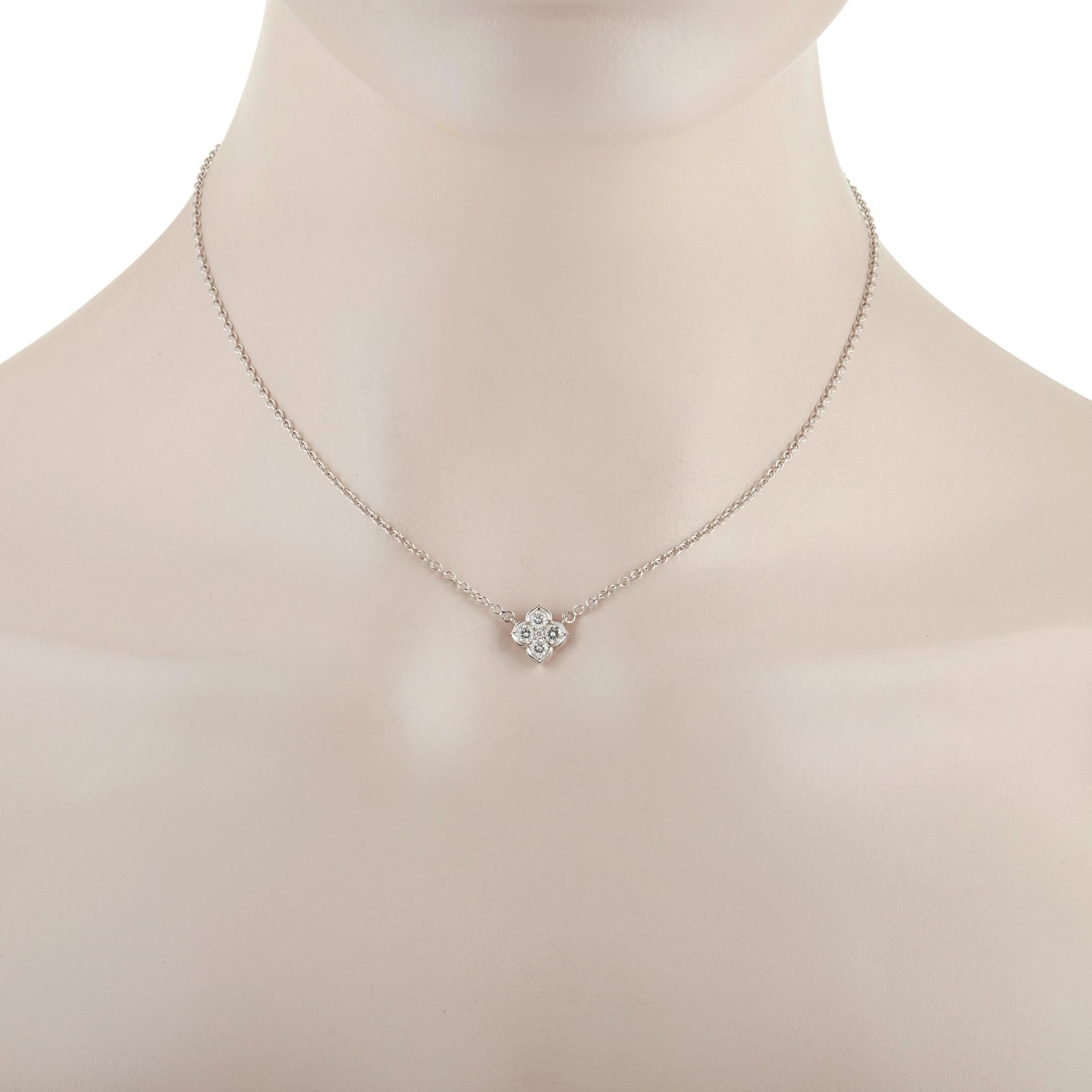 This Cartier Hindu necklace is simply elegant. A dainty pendant measuring 0.38” round comes to life thanks to four glittering diamonds with a total weight of 0.35 carats. Set within 18K white gold, it is suspended upon a 15” chain with spring ring