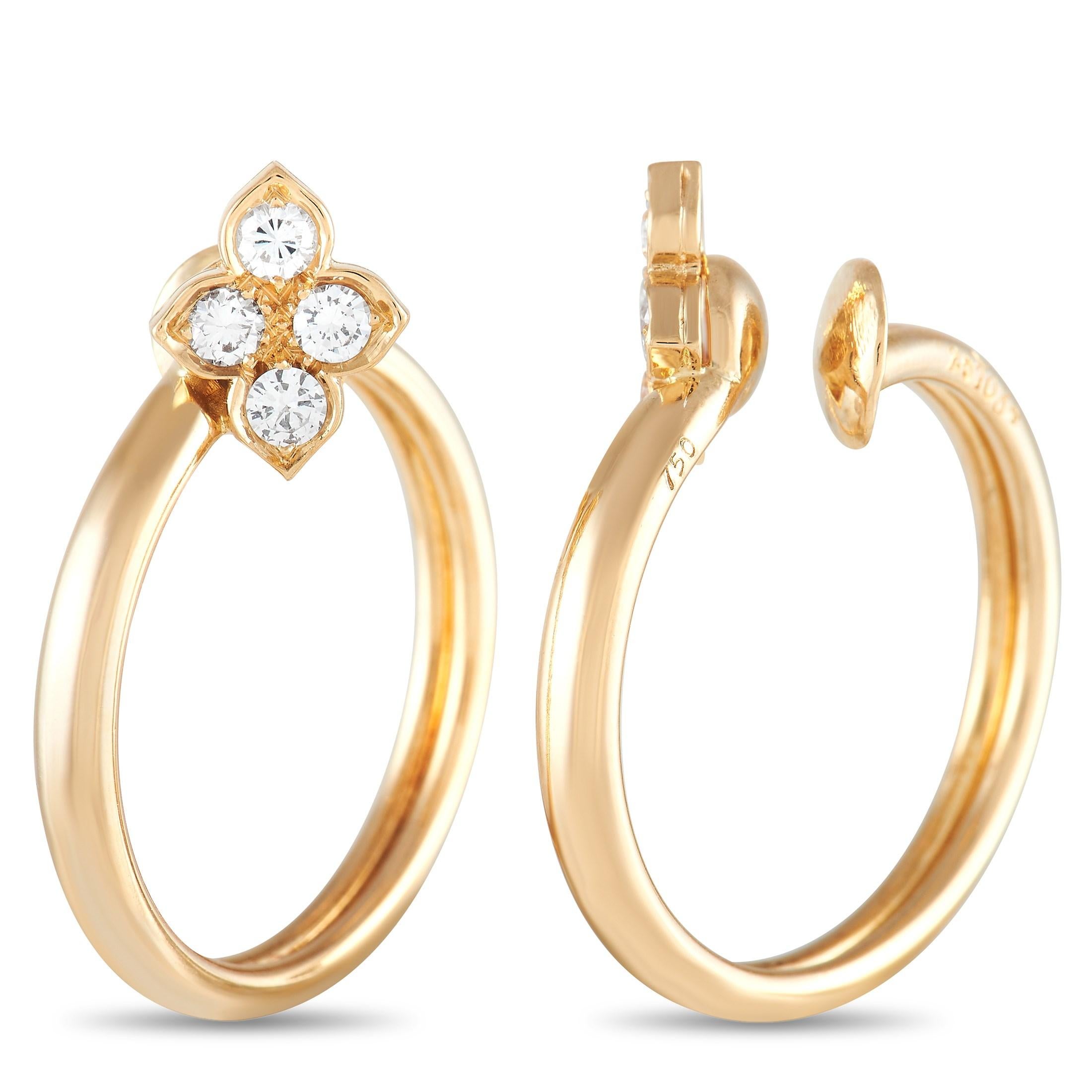 These sleek, elegant Cartier Hindu are striking in their simplicity. Each one is crafted from 18K Yellow Gold and measures 1.25” long by 1.0” wide. Sparkling diamonds totaling 0.65 carats add a touch of sparkle to these exquisite luxury earrings. 