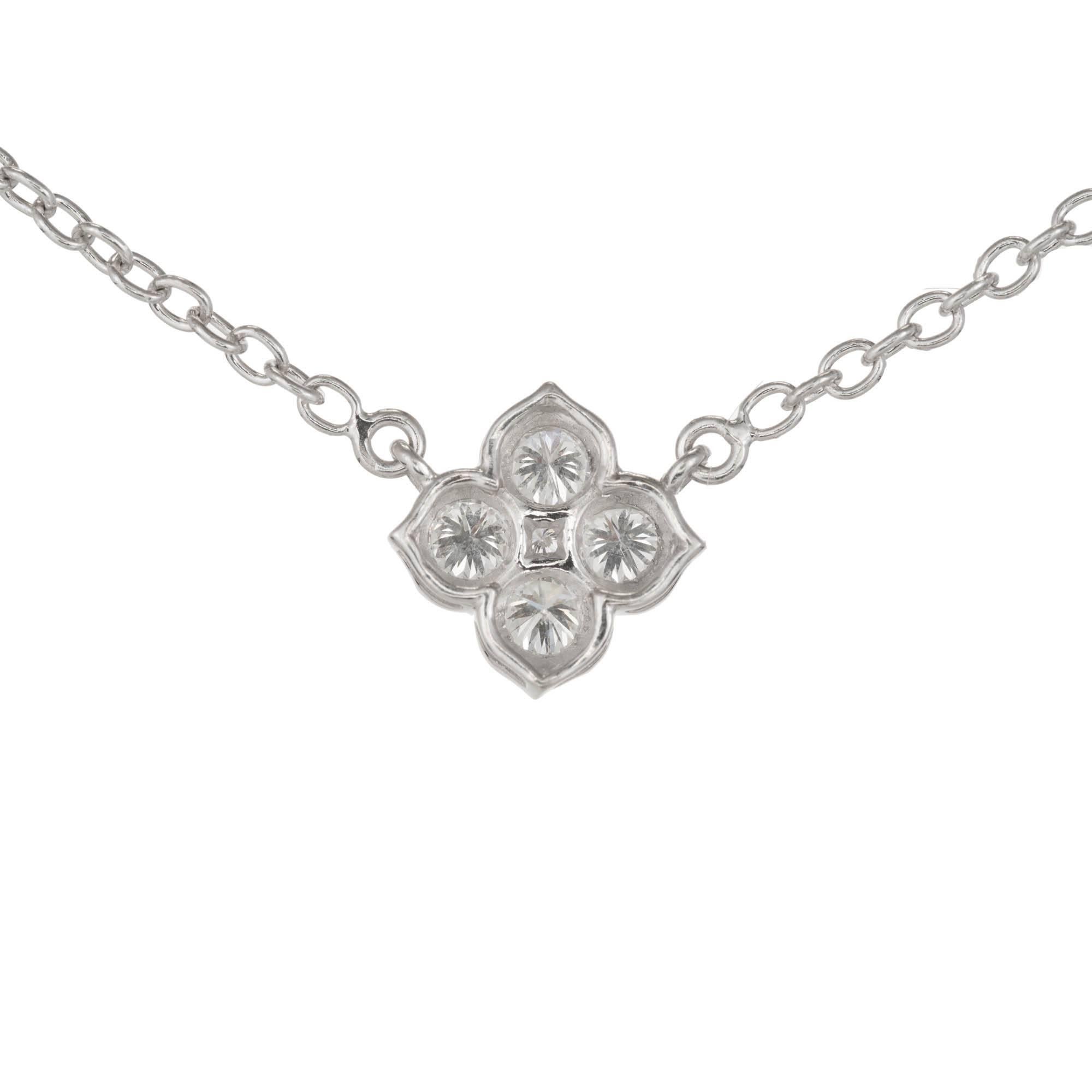 Cartier Hindu Diamond pendant necklace in 18k white gold with 4 bright sparkly Diamonds.

5 round full cut Diamonds, approx. total weight .50cts, F – G, VVS
18k white gold
Tested: 18k
Stamped: 750
Hallmark: Cartier XI TO 134672
4.6 grams
Length: 16