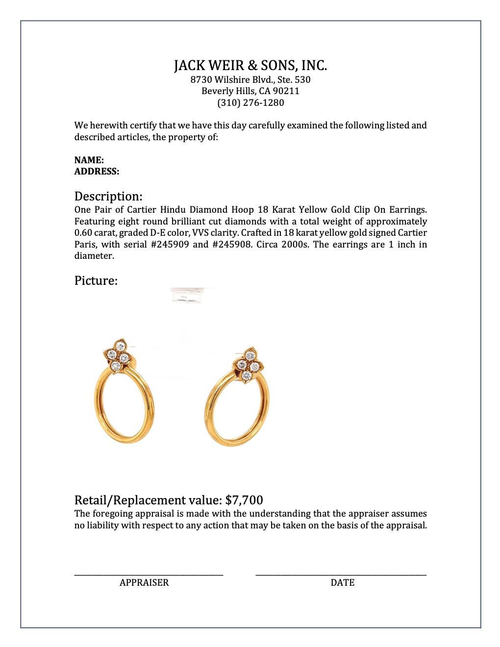 Women's or Men's Cartier Hindu Diamond Hoop 18 Karat Yellow Gold Clip on Earrings