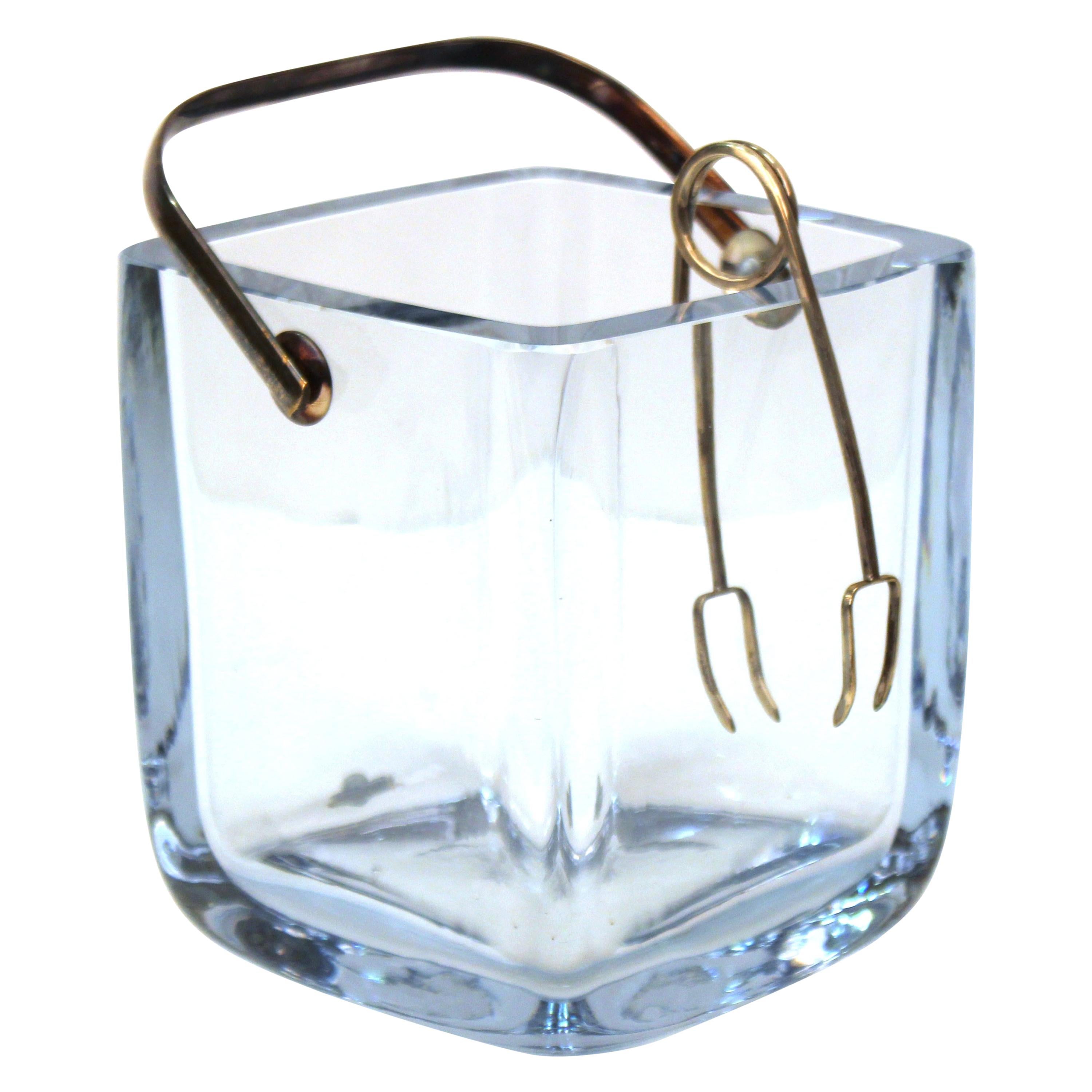 Cartier Ice Bucket in Light Blue Cut Glass and Sterling Silver Tongs
