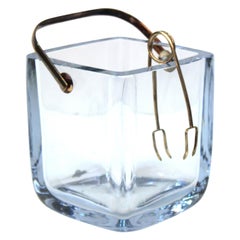 Retro Cartier Ice Bucket in Light Blue Cut Glass and Sterling Silver Tongs